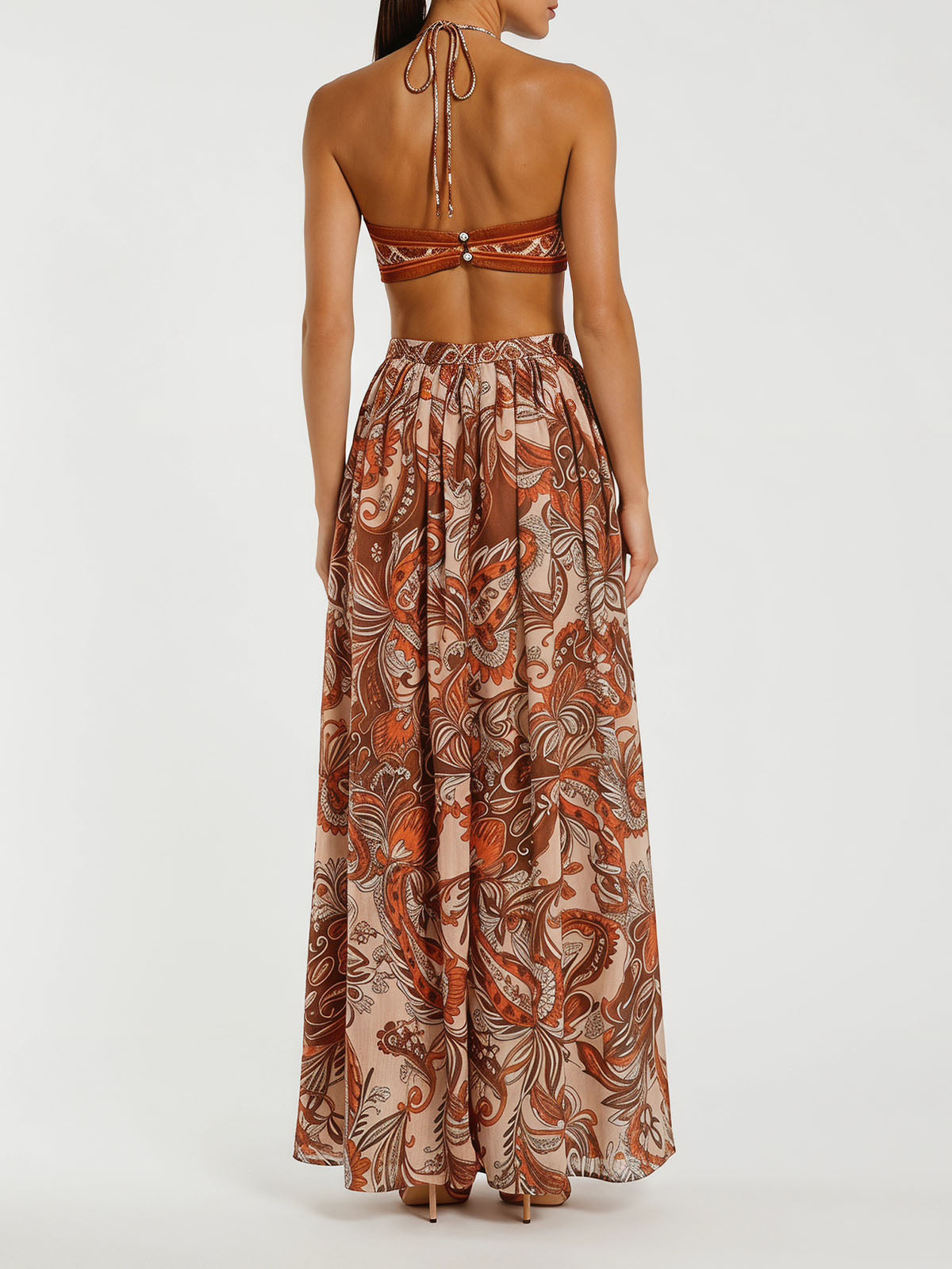 Sparkly Lurex Halter Cutout Waist Paisley Print Maxi Dress - Floral