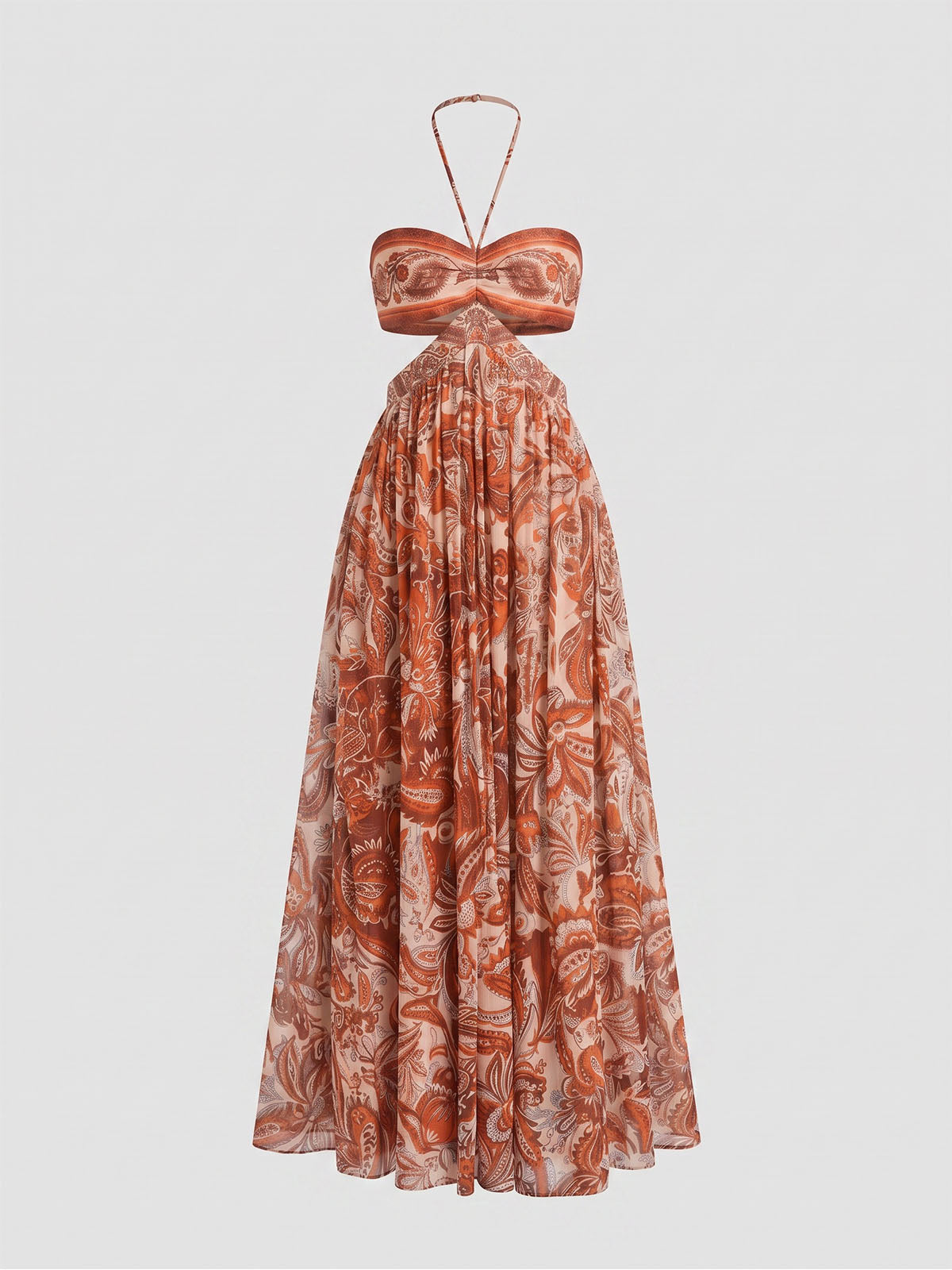 Sparkly Lurex Halter Cutout Waist Paisley Print Maxi Dress - Floral