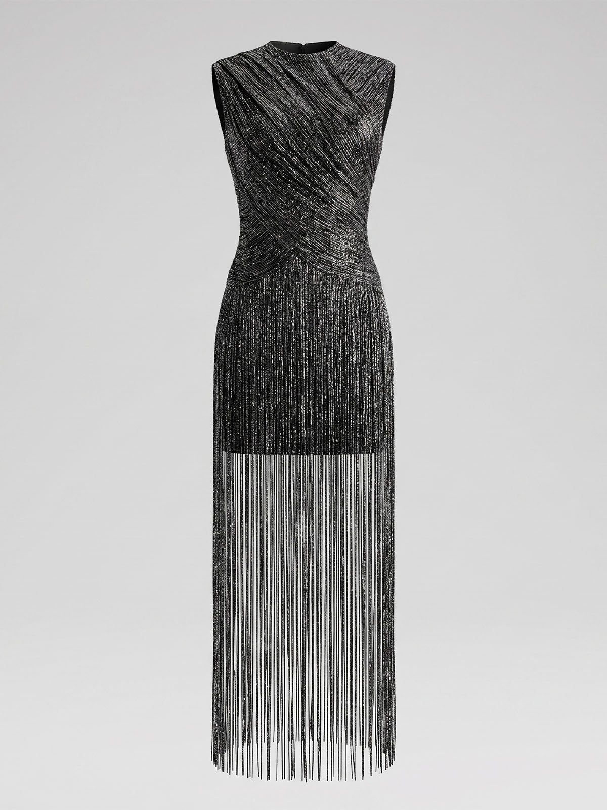 Sparkly Lurex High Neck Sleeveless Bandage Fringe Maxi Dress - Black