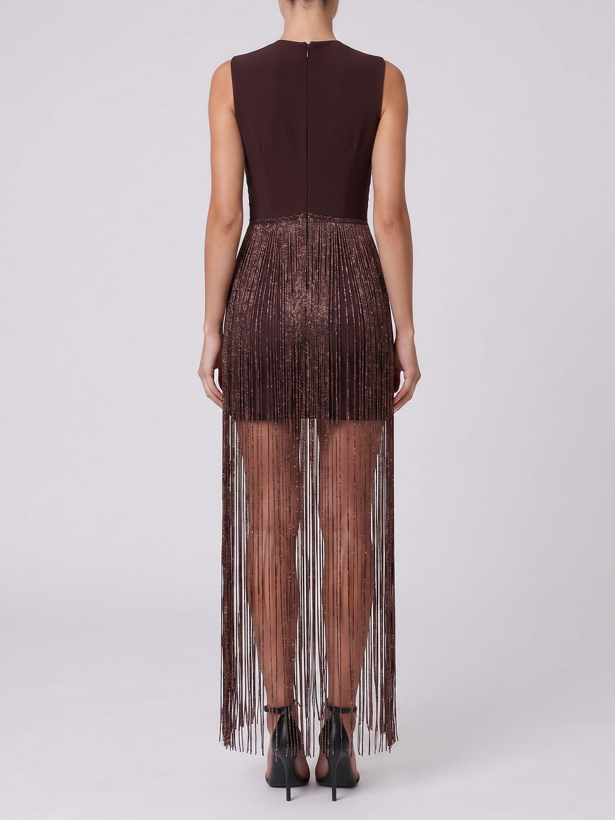 Sparkly Lurex High Neck Sleeveless Bandage Fringe Maxi Dress - Coffee