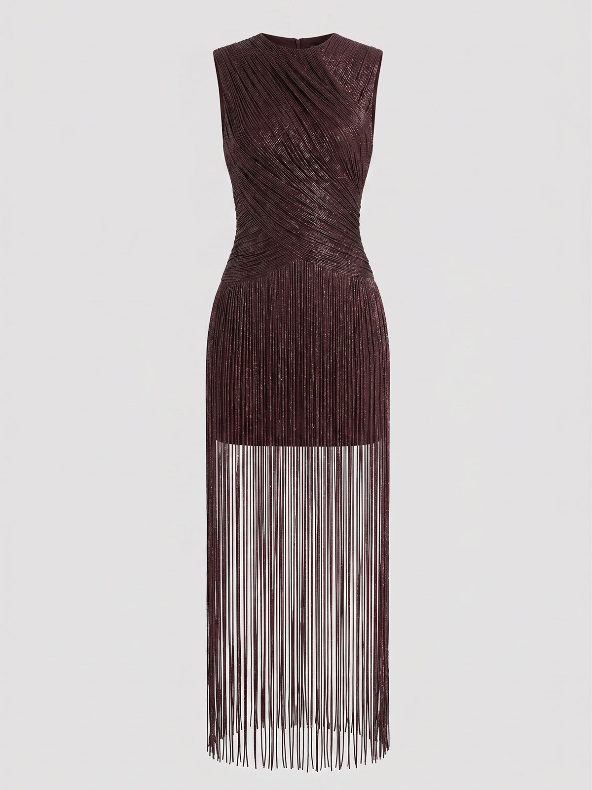 Sparkly Lurex High Neck Sleeveless Bandage Fringe Maxi Dress - Coffee