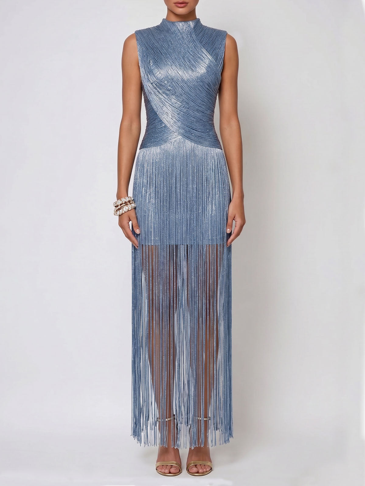 Sparkly Lurex High Neck Sleeveless Bandage Fringe Maxi Dress - Light Blue