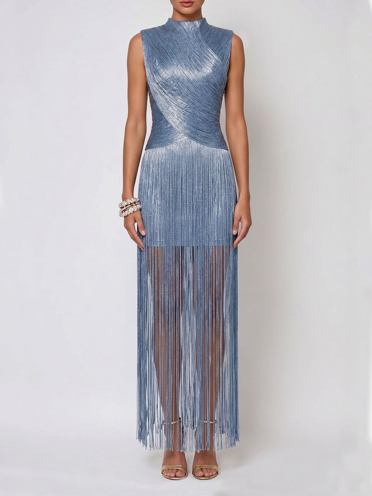 Sparkly Lurex High Neck Sleeveless Bandage Fringe Maxi Dress - Light Blue