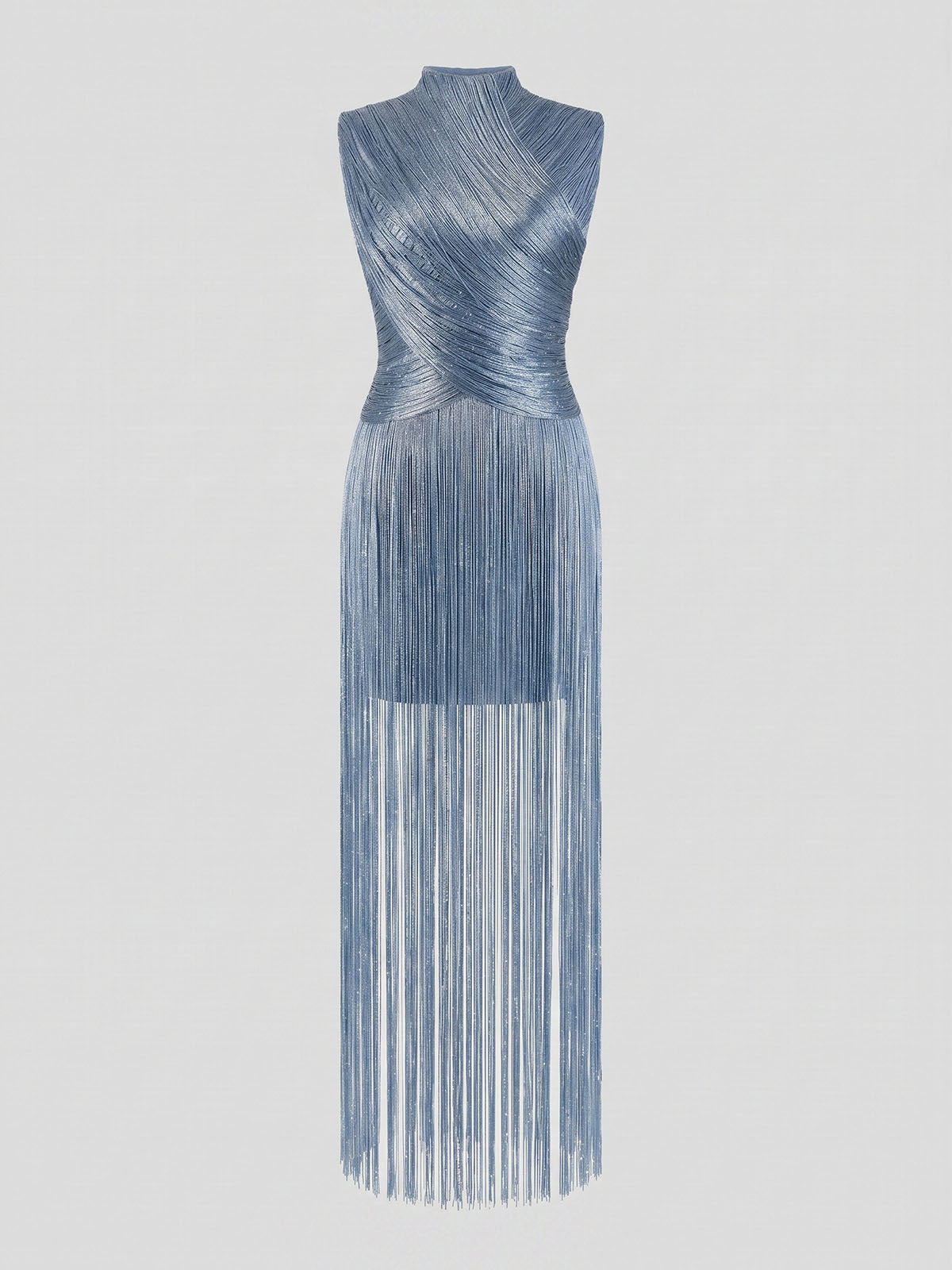 Sparkly Lurex High Neck Sleeveless Bandage Fringe Maxi Dress - Light Blue