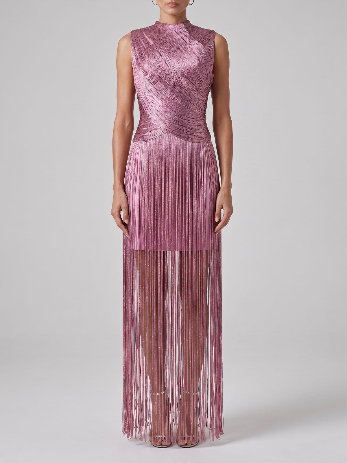 Sparkly Lurex High Neck Sleeveless Bandage Fringe Maxi Dress - Mauve