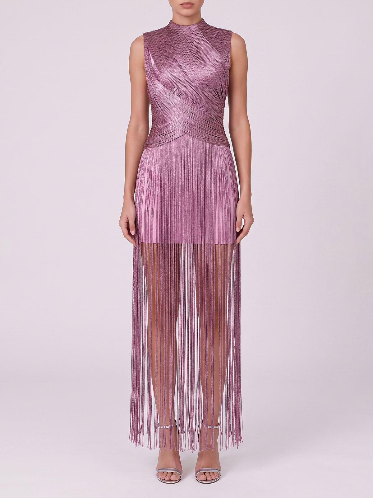 Sparkly Lurex High Neck Sleeveless Bandage Fringe Maxi Dress - Mauve