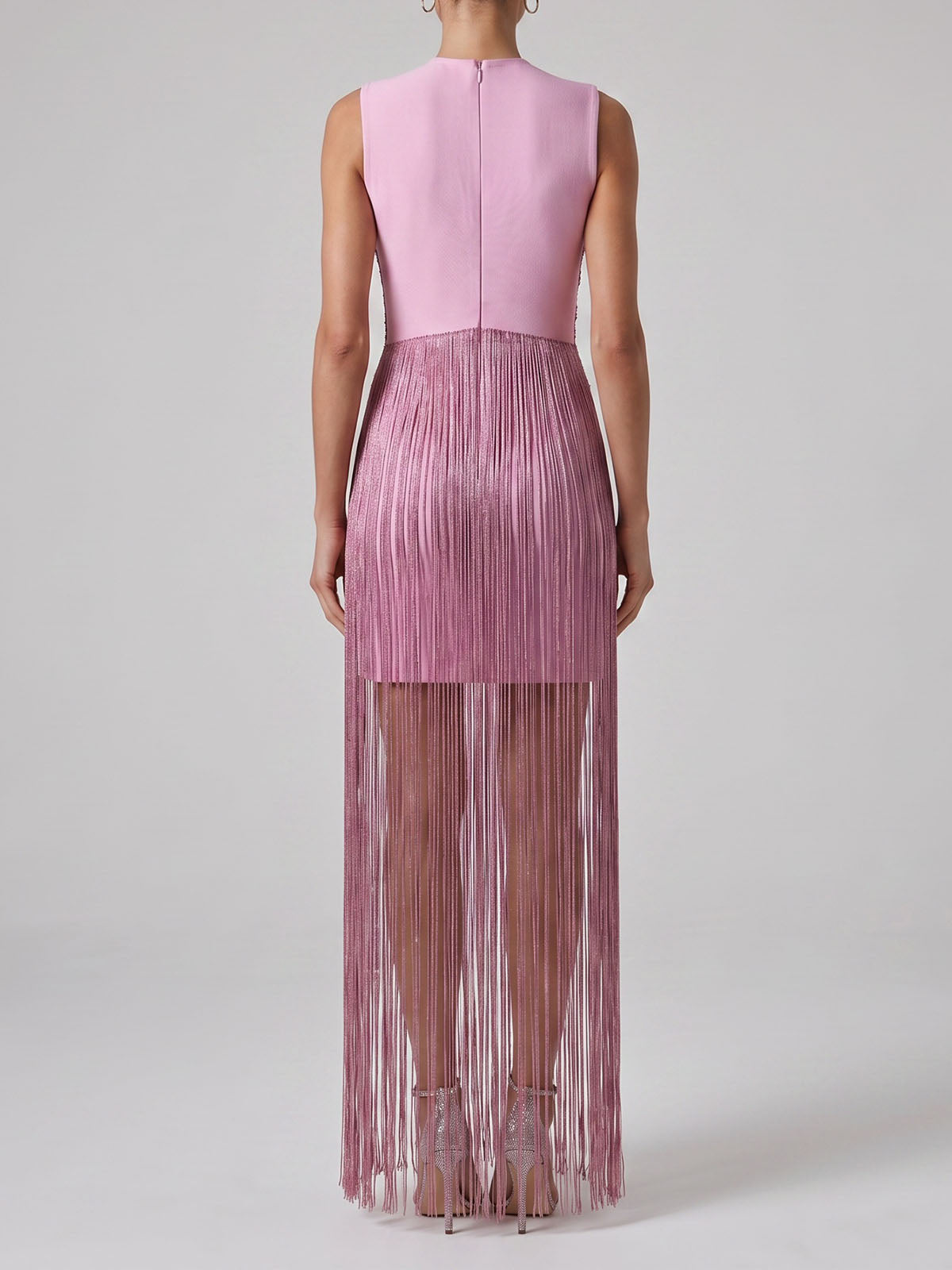 Sparkly Lurex High Neck Sleeveless Bandage Fringe Maxi Dress - Mauve