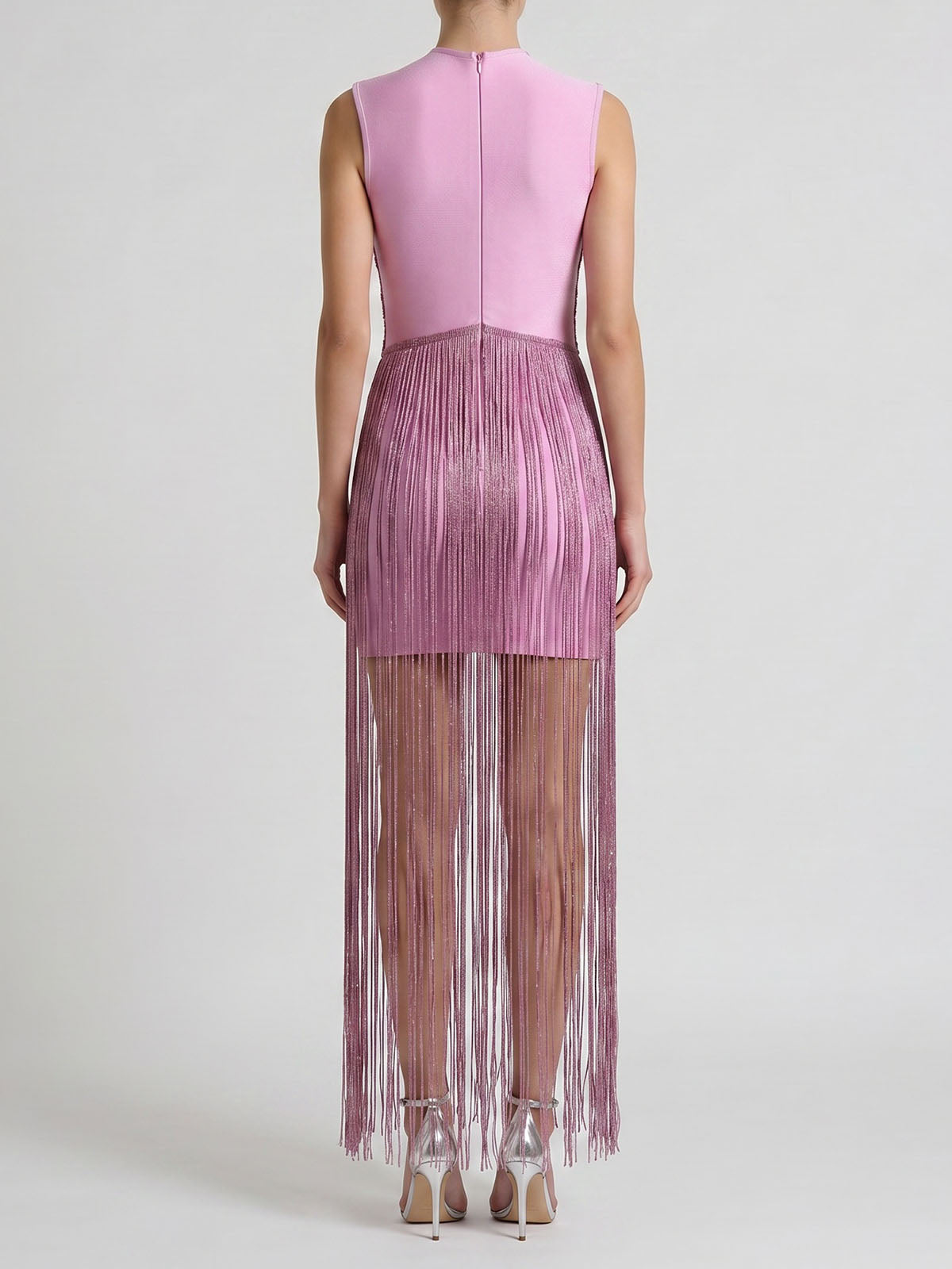 Sparkly Lurex High Neck Sleeveless Bandage Fringe Maxi Dress - Mauve