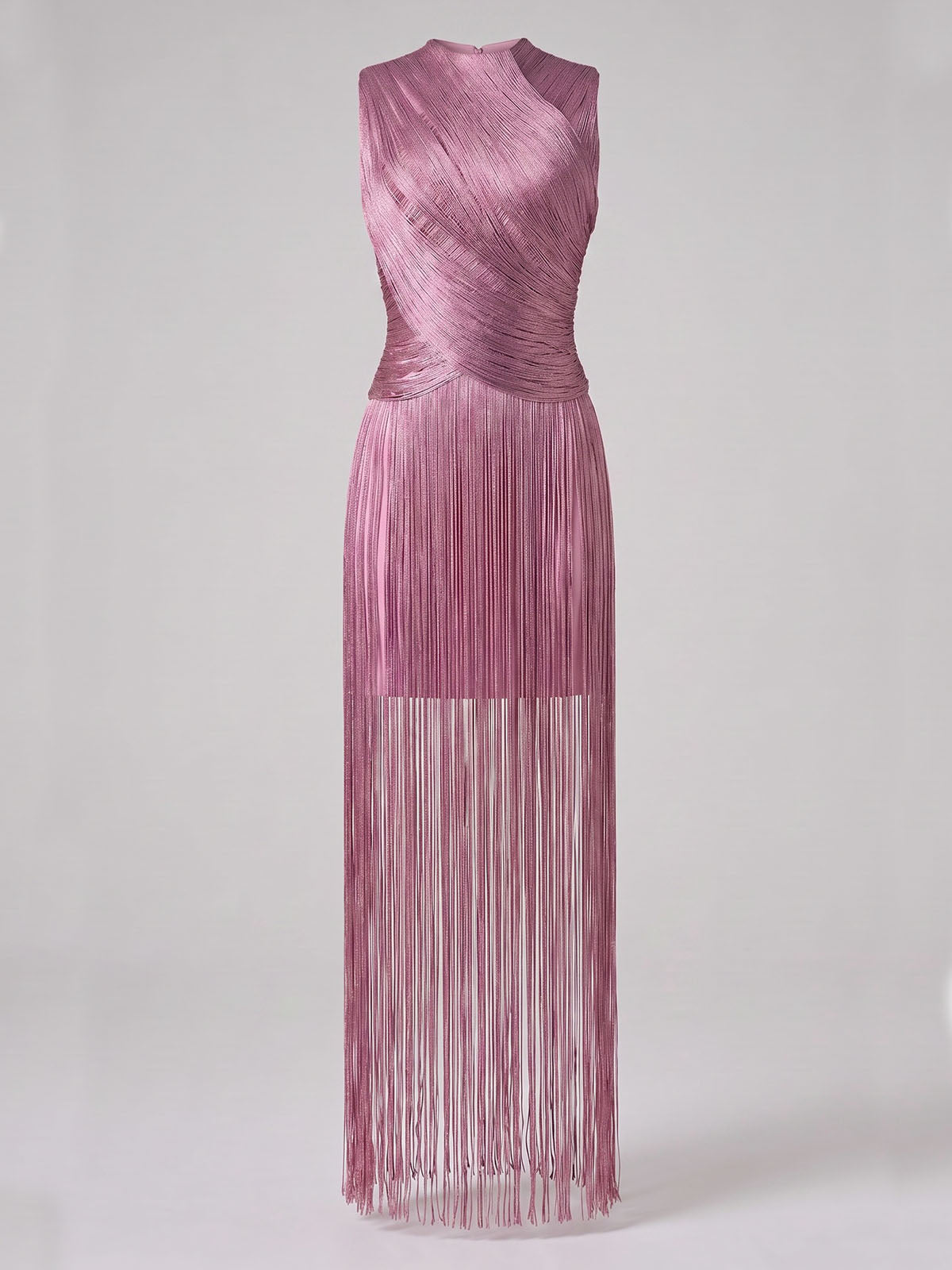 Sparkly Lurex High Neck Sleeveless Bandage Fringe Maxi Dress - Mauve