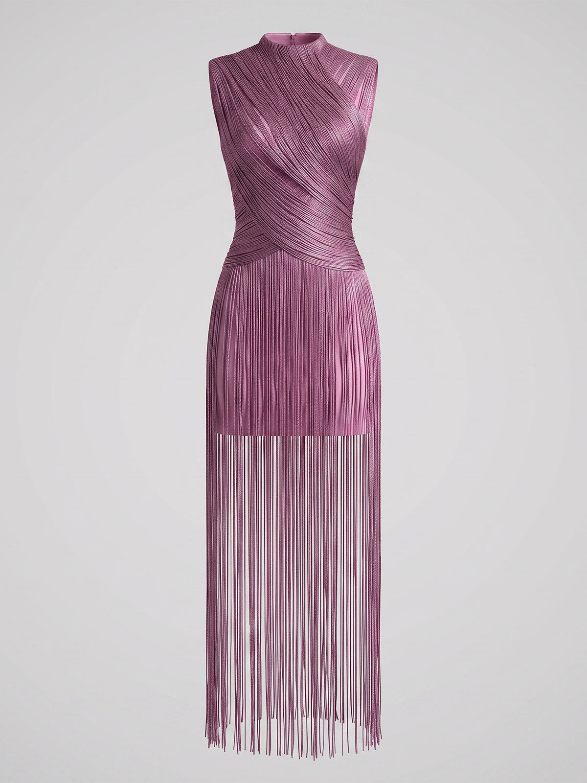 Sparkly Lurex High Neck Sleeveless Bandage Fringe Maxi Dress - Mauve