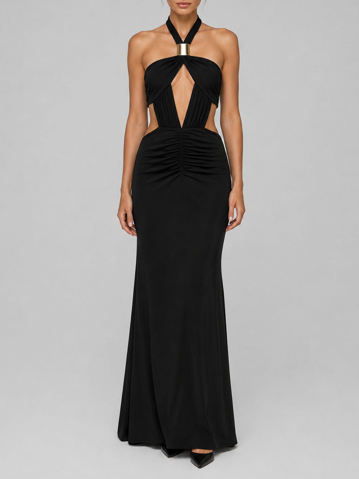 Sparkly Metallic Trim Halter Cut Out Fishtail Formal Maxi Dress - Black