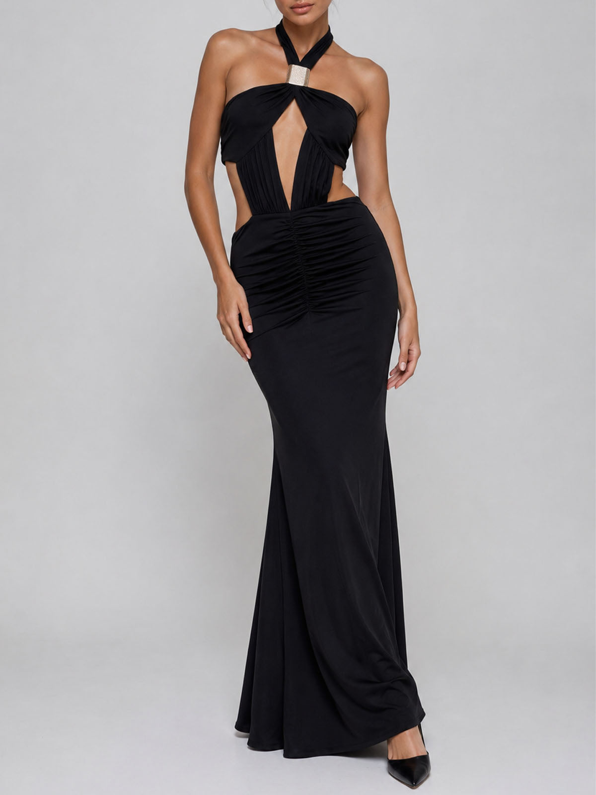 Sparkly Metallic Trim Halter Cut Out Fishtail Formal Maxi Dress - Black