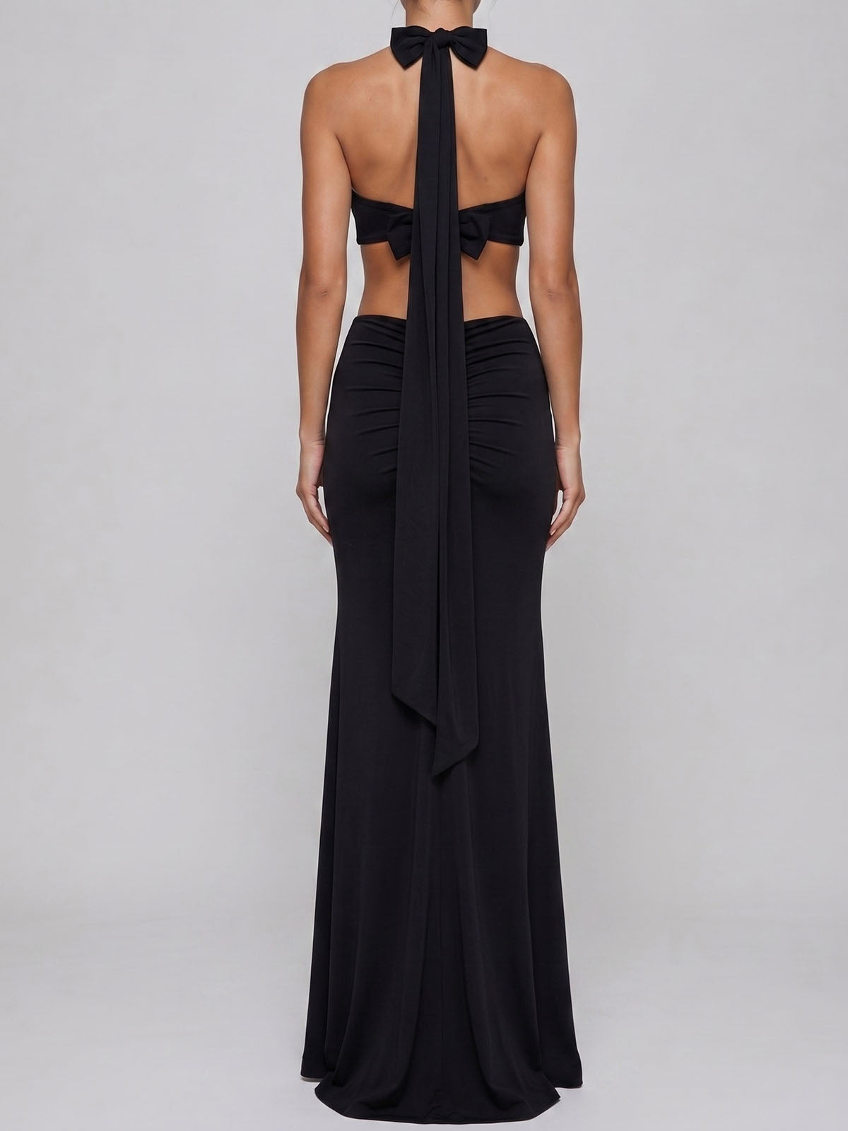 Sparkly Metallic Trim Halter Cut Out Fishtail Formal Maxi Dress - Black