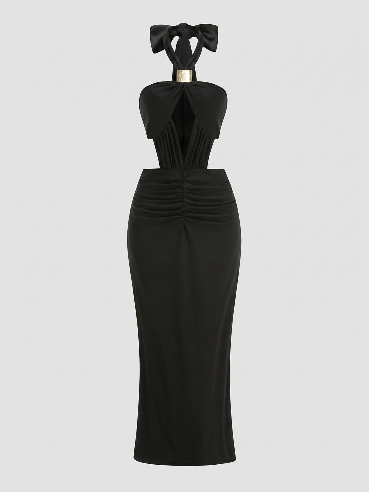 Sparkly Metallic Trim Halter Cut Out Fishtail Formal Maxi Dress - Black