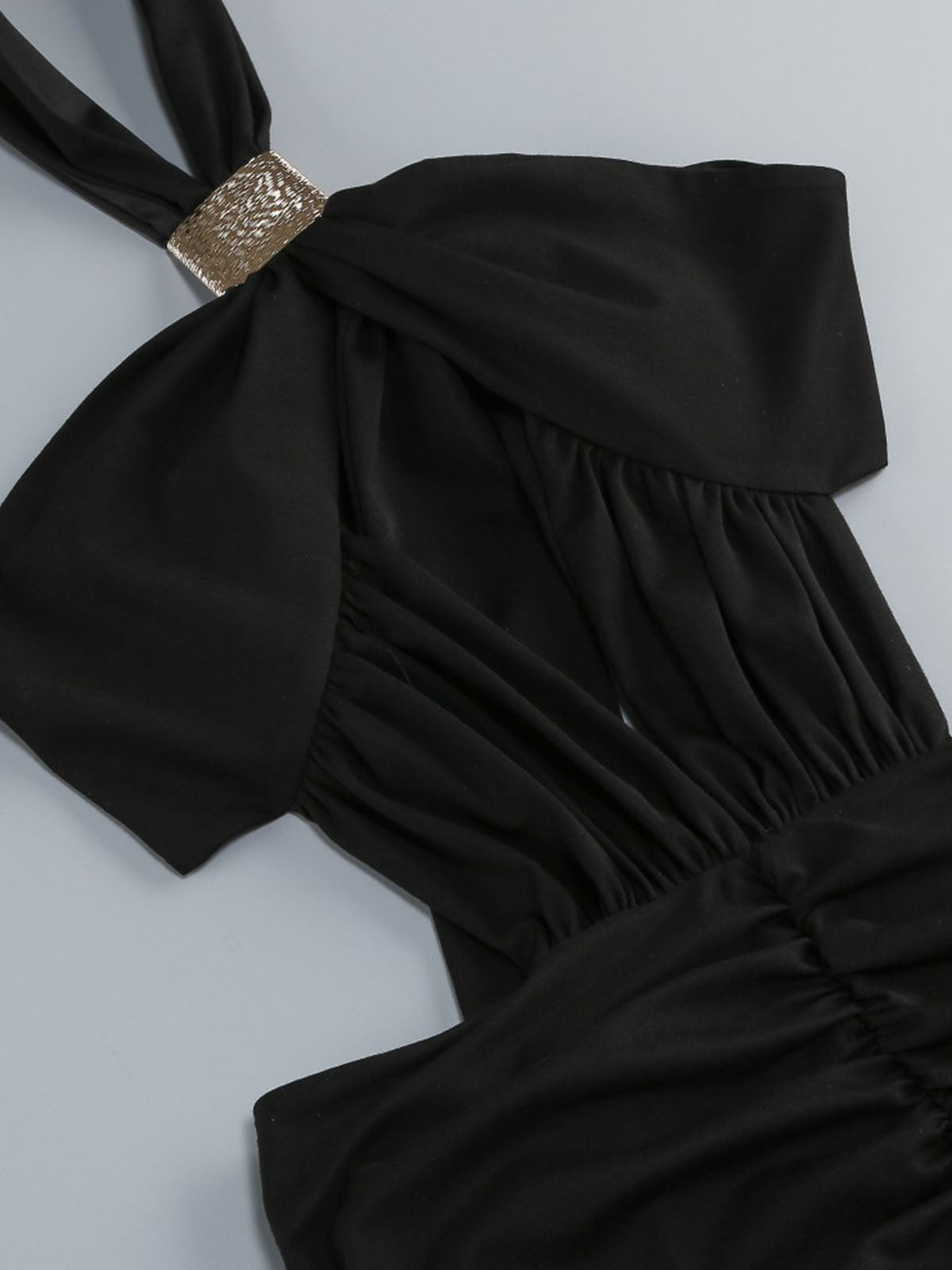 Sparkly Metallic Trim Halter Cut Out Fishtail Formal Maxi Dress - Black