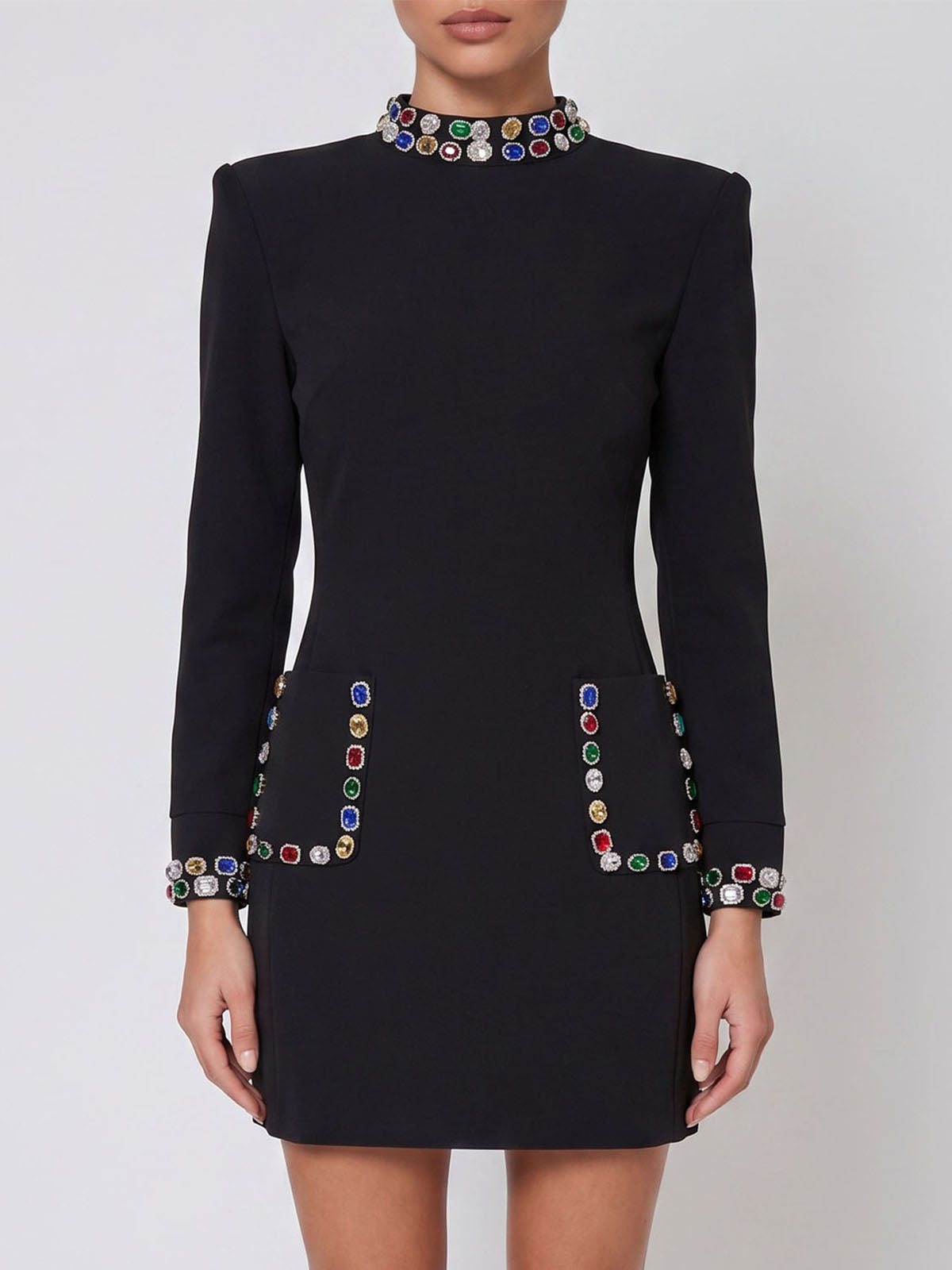 Sparkly Rhinestone Embellished Long Sleeve Party Mini Dress - Black