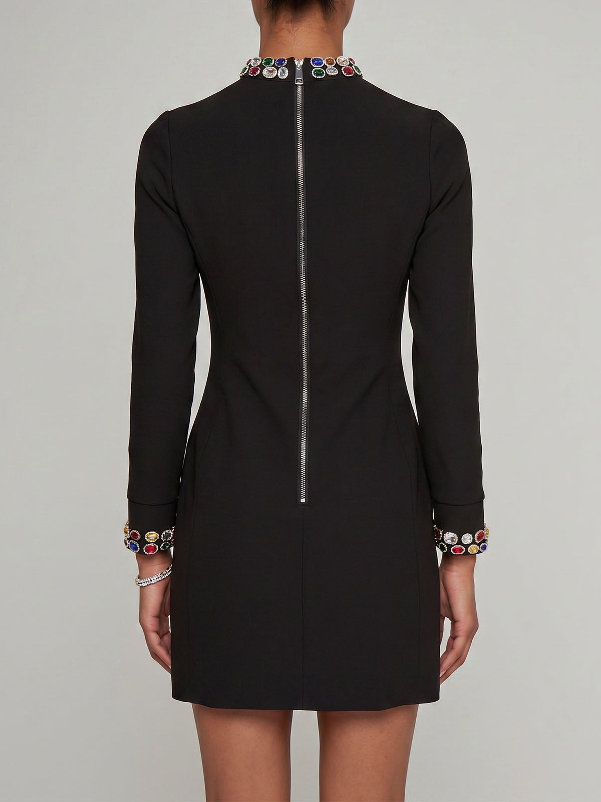 Sparkly Rhinestone Embellished Long Sleeve Party Mini Dress - Black