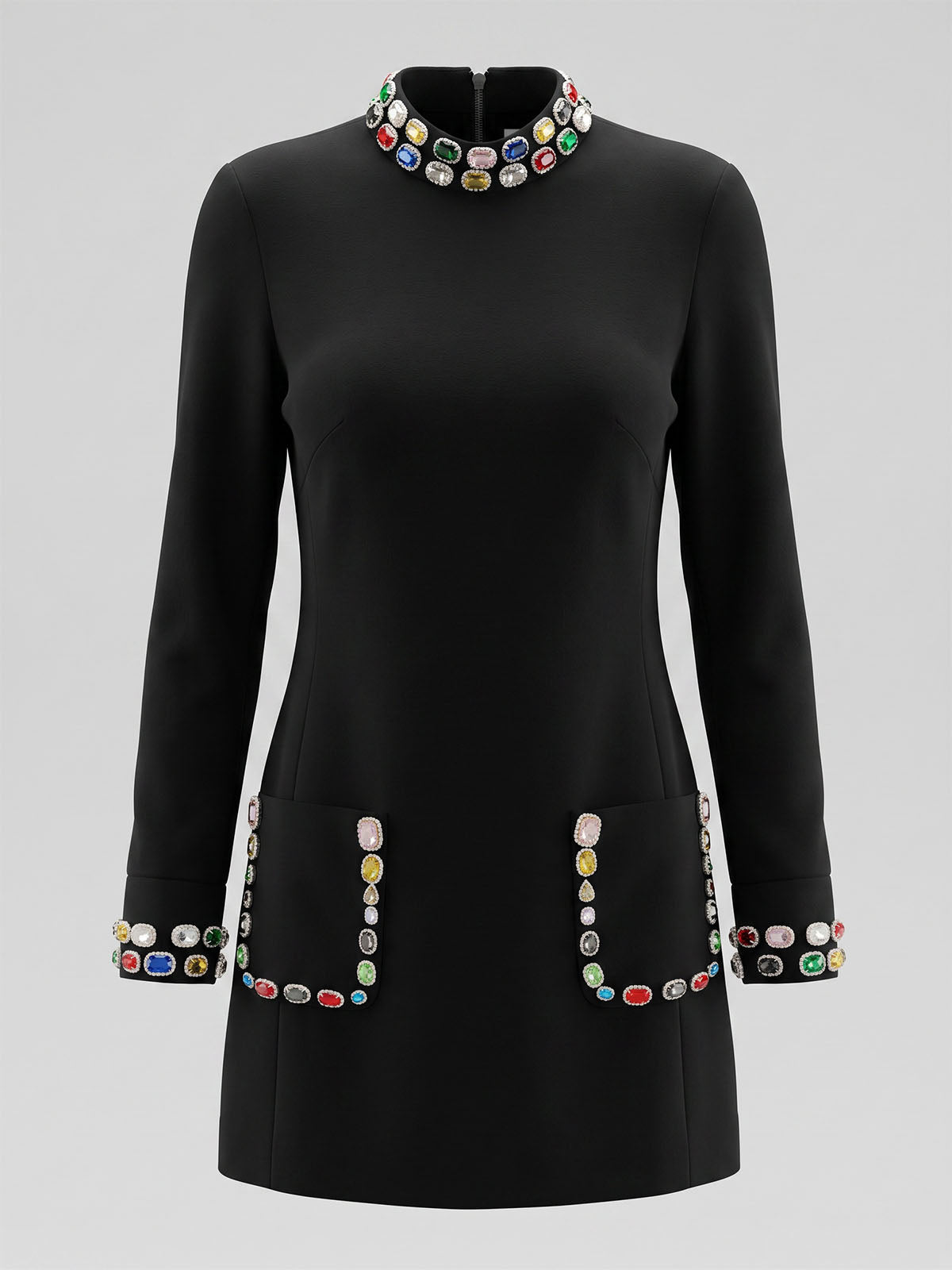 Sparkly Rhinestone Embellished Long Sleeve Party Mini Dress - Black