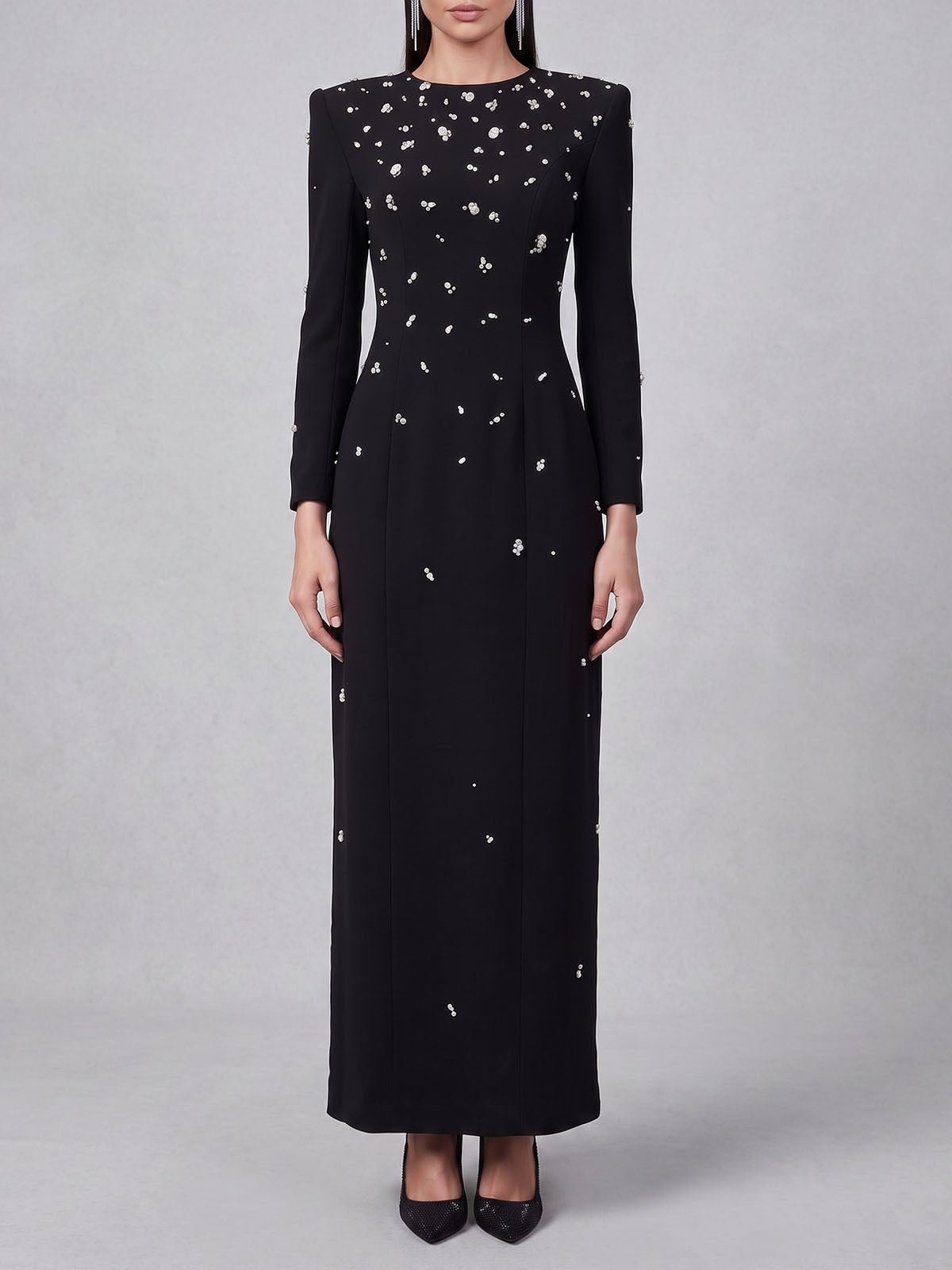Sparkly Rhinestone Embellished Padded Long Sleeve Maxi Dress - Black
