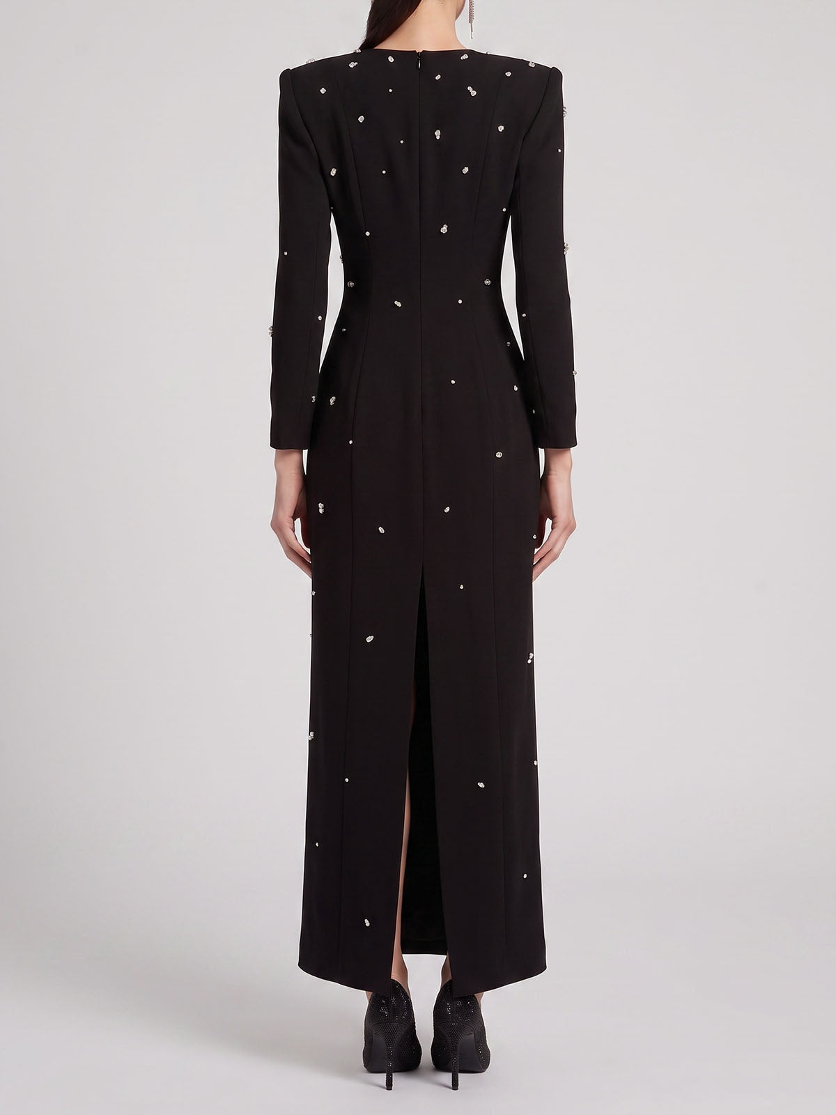 Sparkly Rhinestone Embellished Padded Long Sleeve Maxi Dress - Black