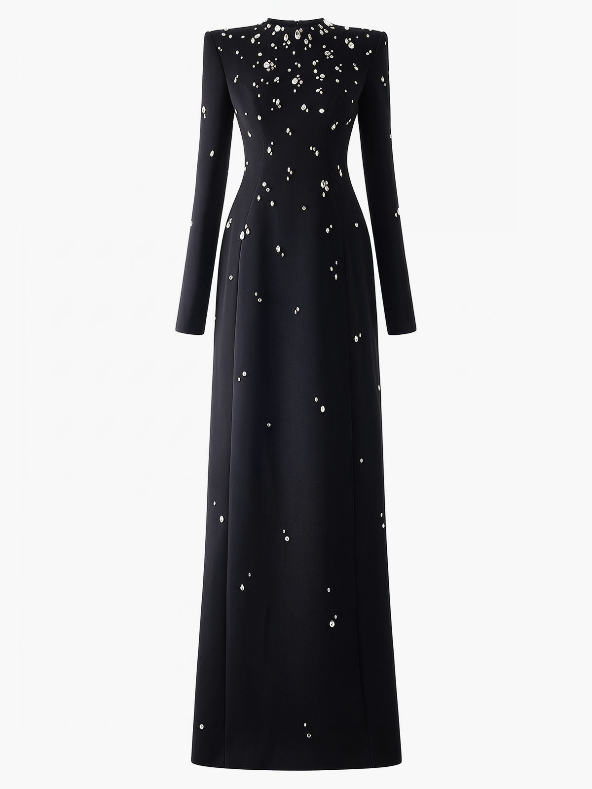 Sparkly Rhinestone Embellished Padded Long Sleeve Maxi Dress - Black