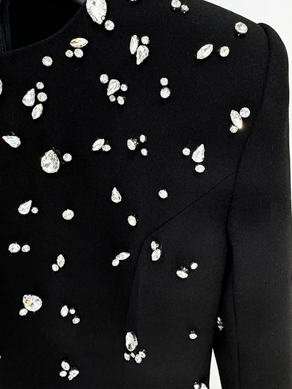 Sparkly Rhinestone Embellished Padded Long Sleeve Maxi Dress - Black