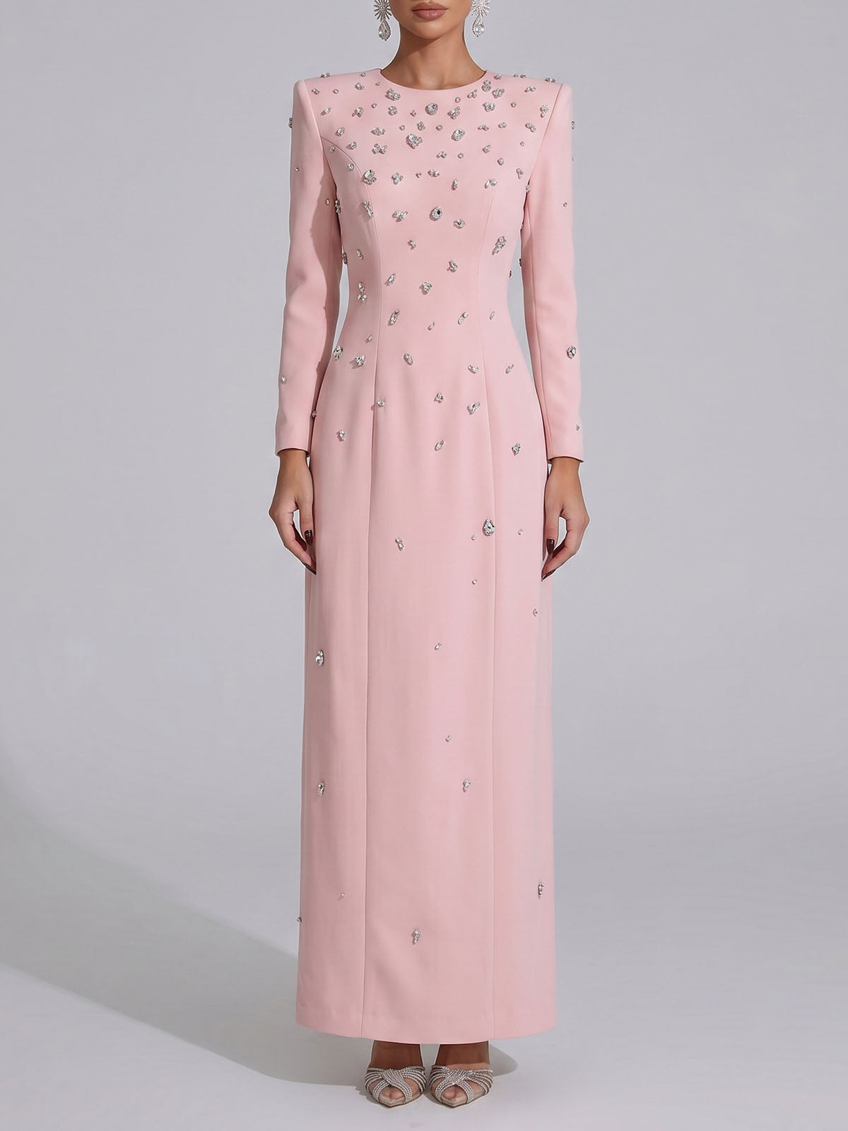 Sparkly Rhinestone Embellished Padded Long Sleeve Maxi Dress - Pink