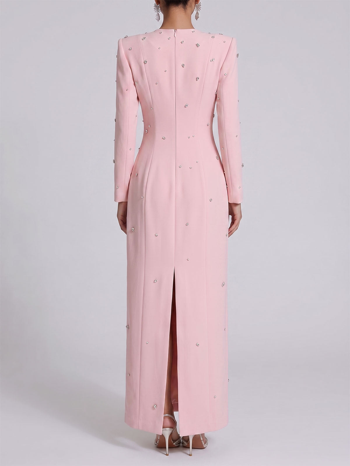 Sparkly Rhinestone Embellished Padded Long Sleeve Maxi Dress - Pink