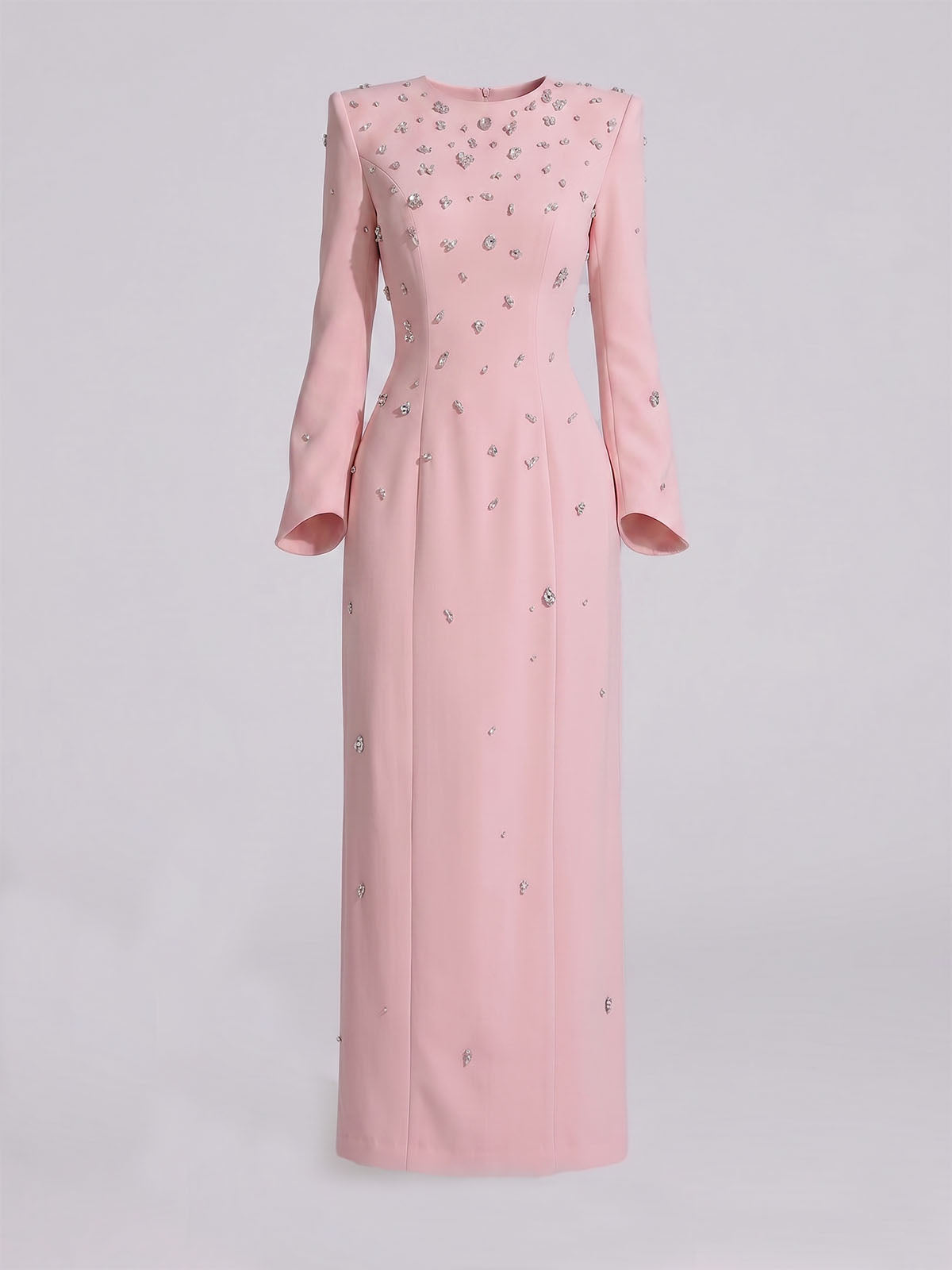 Sparkly Rhinestone Embellished Padded Long Sleeve Maxi Dress - Pink