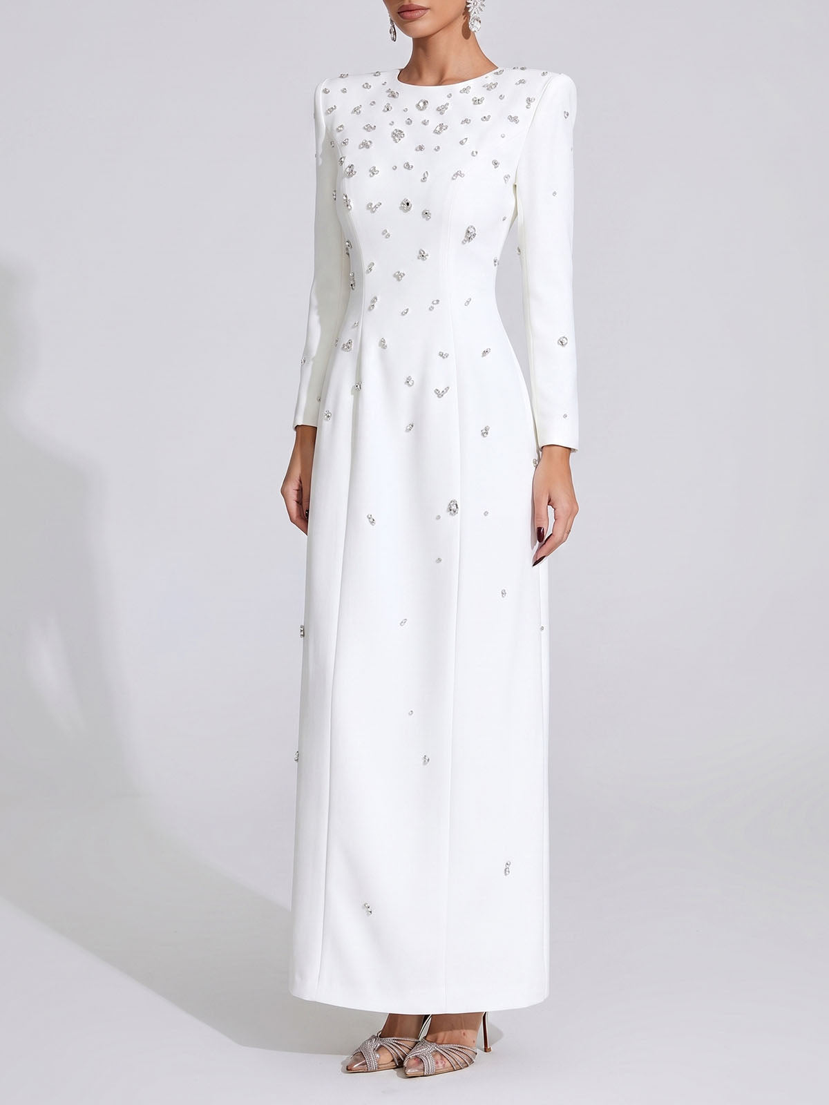 Sparkly Rhinestone Embellished Padded Long Sleeve Maxi Dress - White