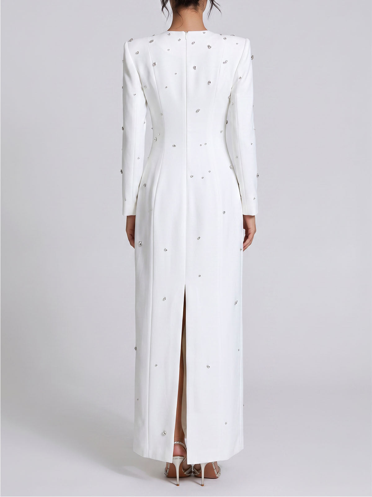 Sparkly Rhinestone Embellished Padded Long Sleeve Maxi Dress - White