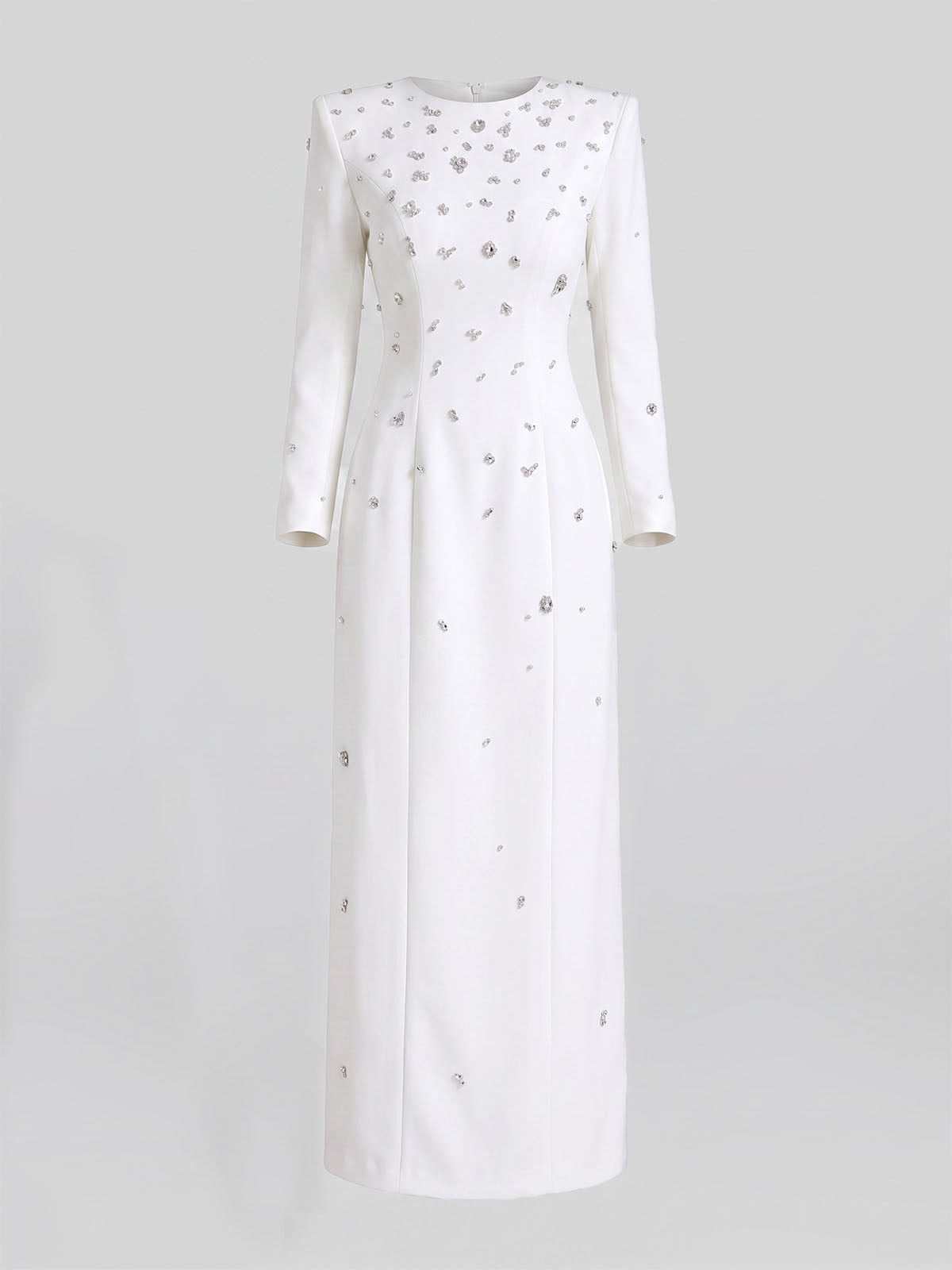 Sparkly Rhinestone Embellished Padded Long Sleeve Maxi Dress - White