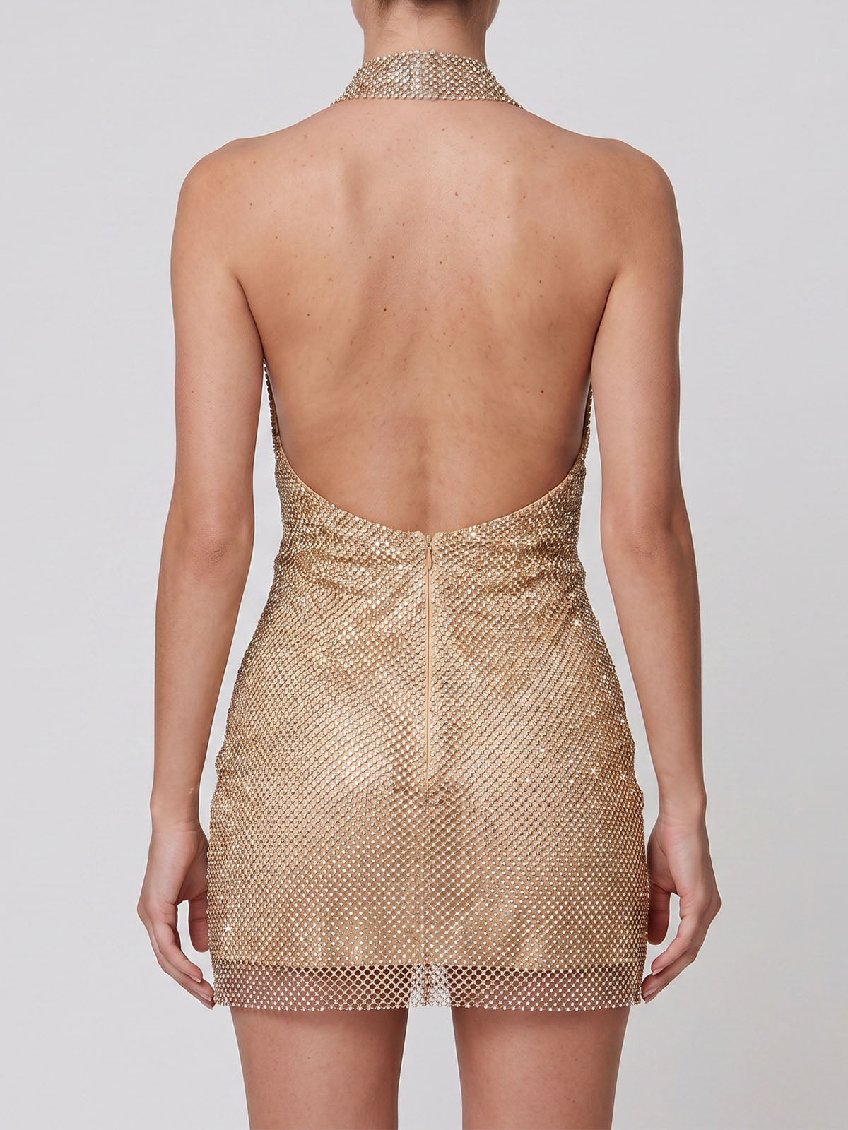 Sparkly Rhinestone Mesh Cowl Neck Halter Party Mini Dress - Gold