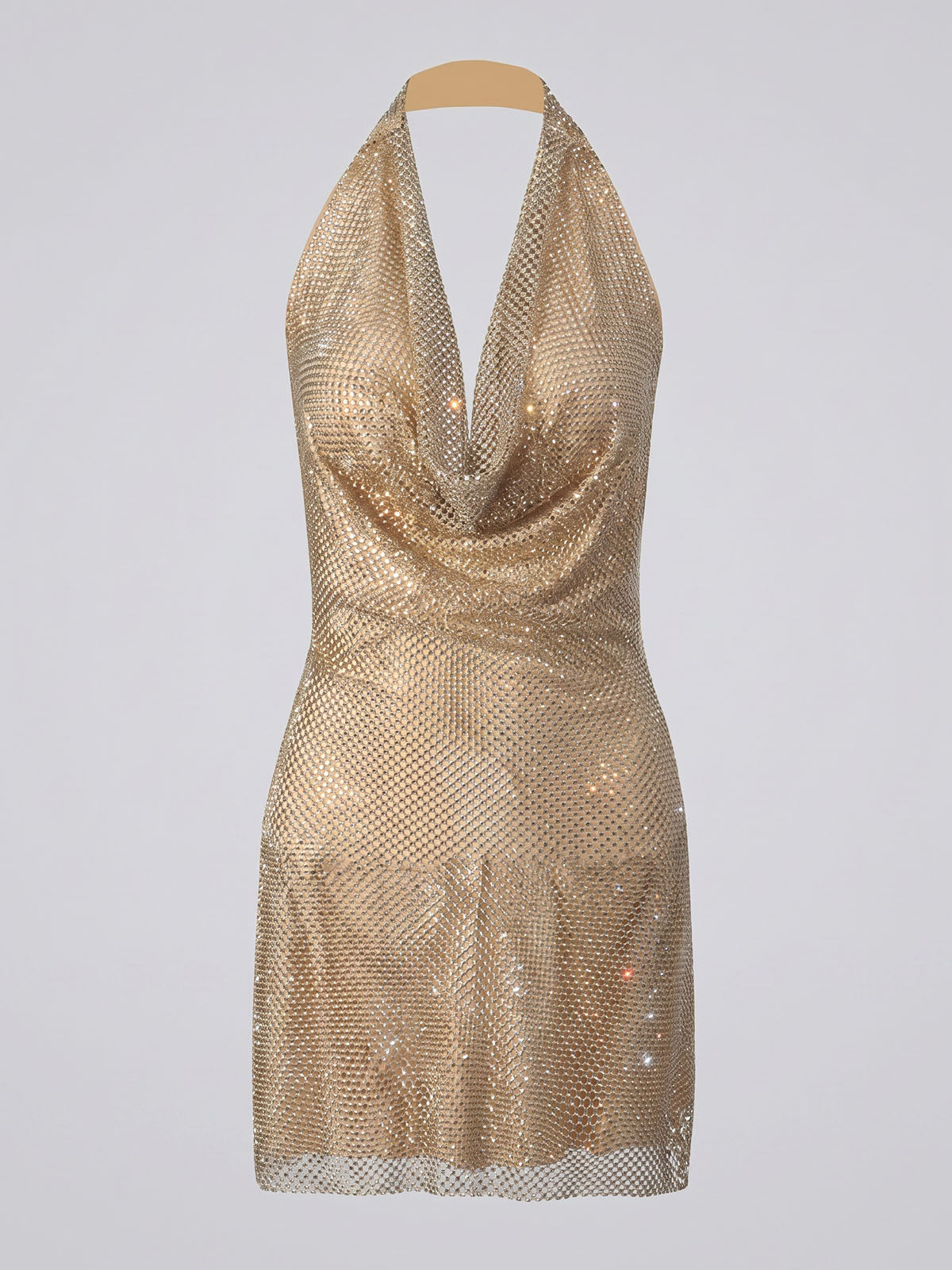 Sparkly Rhinestone Mesh Cowl Neck Halter Party Mini Dress - Gold