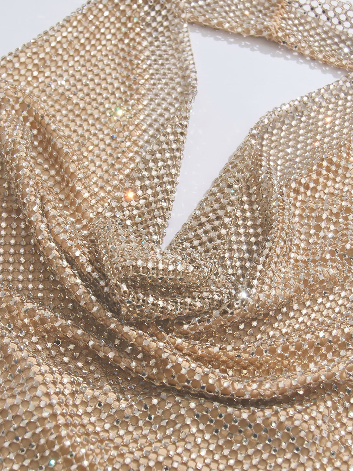 Sparkly Rhinestone Mesh Cowl Neck Halter Party Mini Dress - Gold