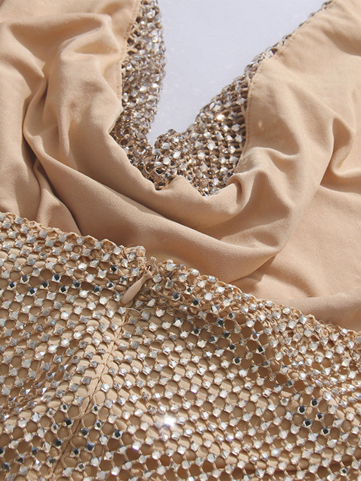 Sparkly Rhinestone Mesh Cowl Neck Halter Party Mini Dress - Gold