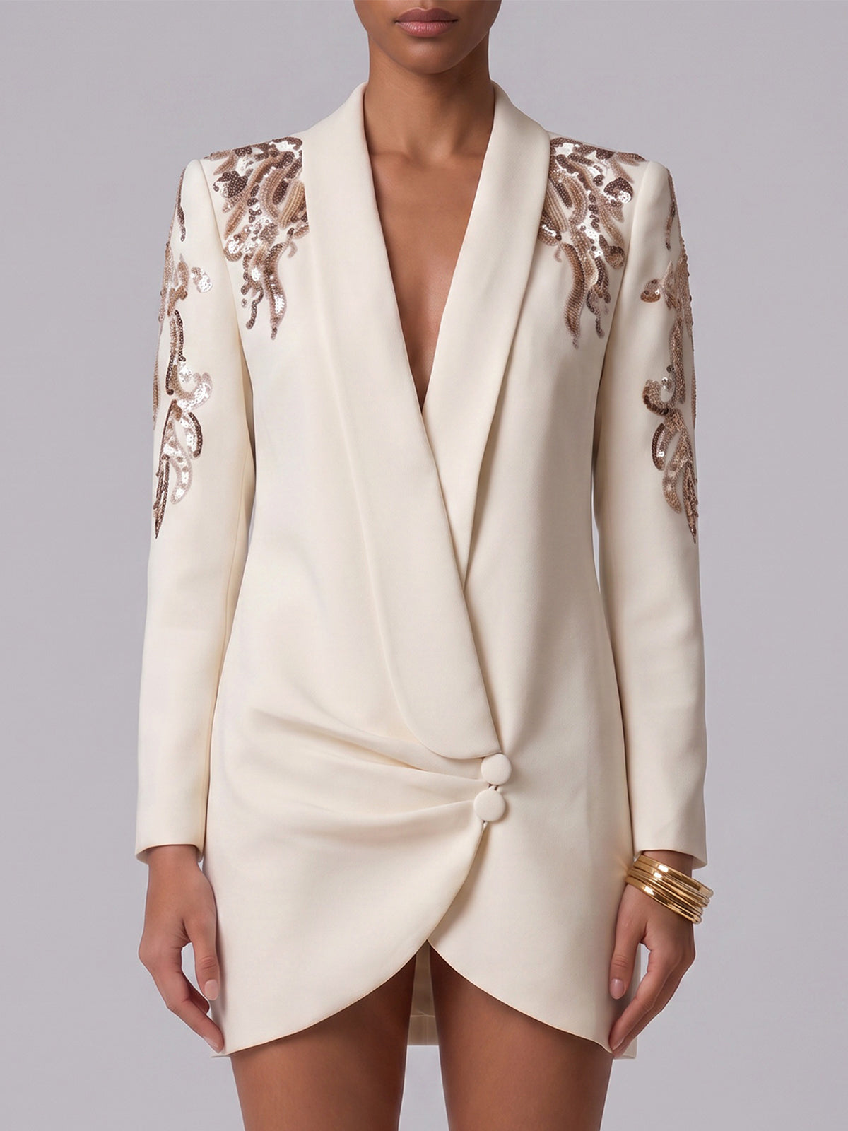 Sparkly Sequin Embellished Shawl Pleated Blazer Mini Dress - Beige