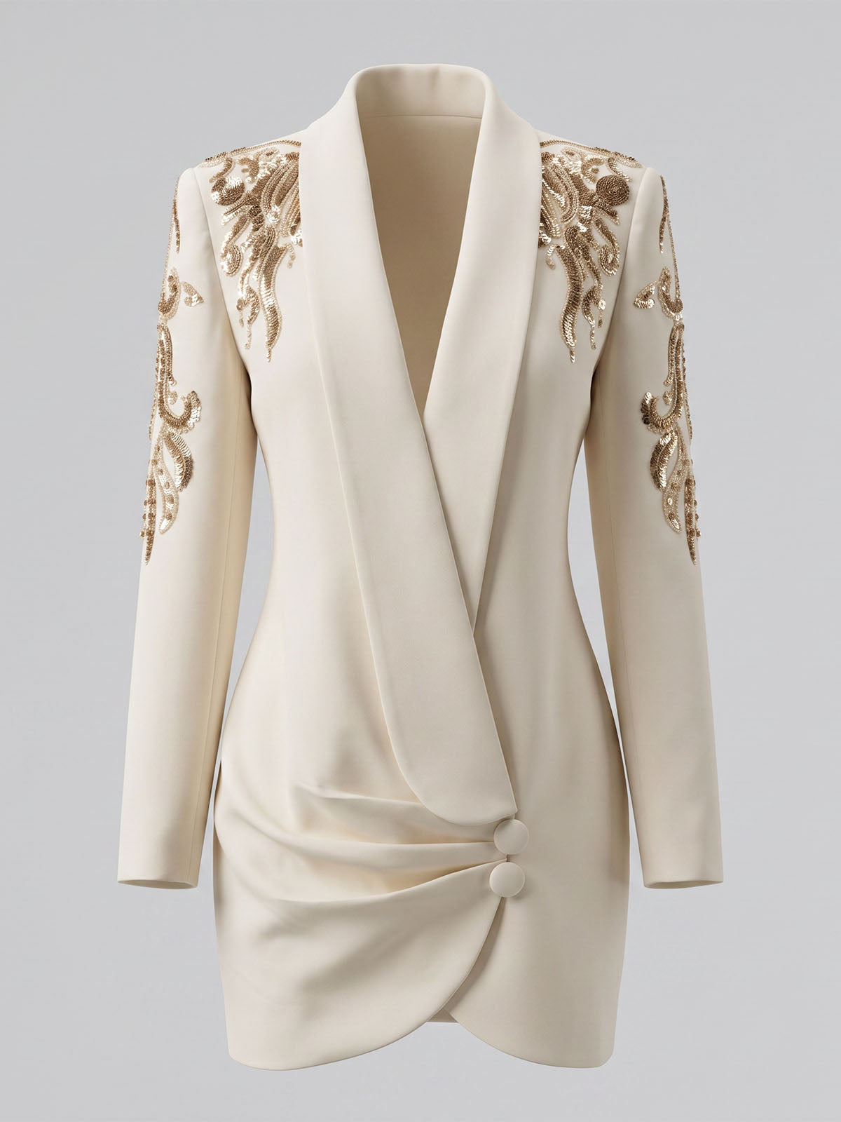 Sparkly Sequin Embellished Shawl Pleated Blazer Mini Dress - Beige