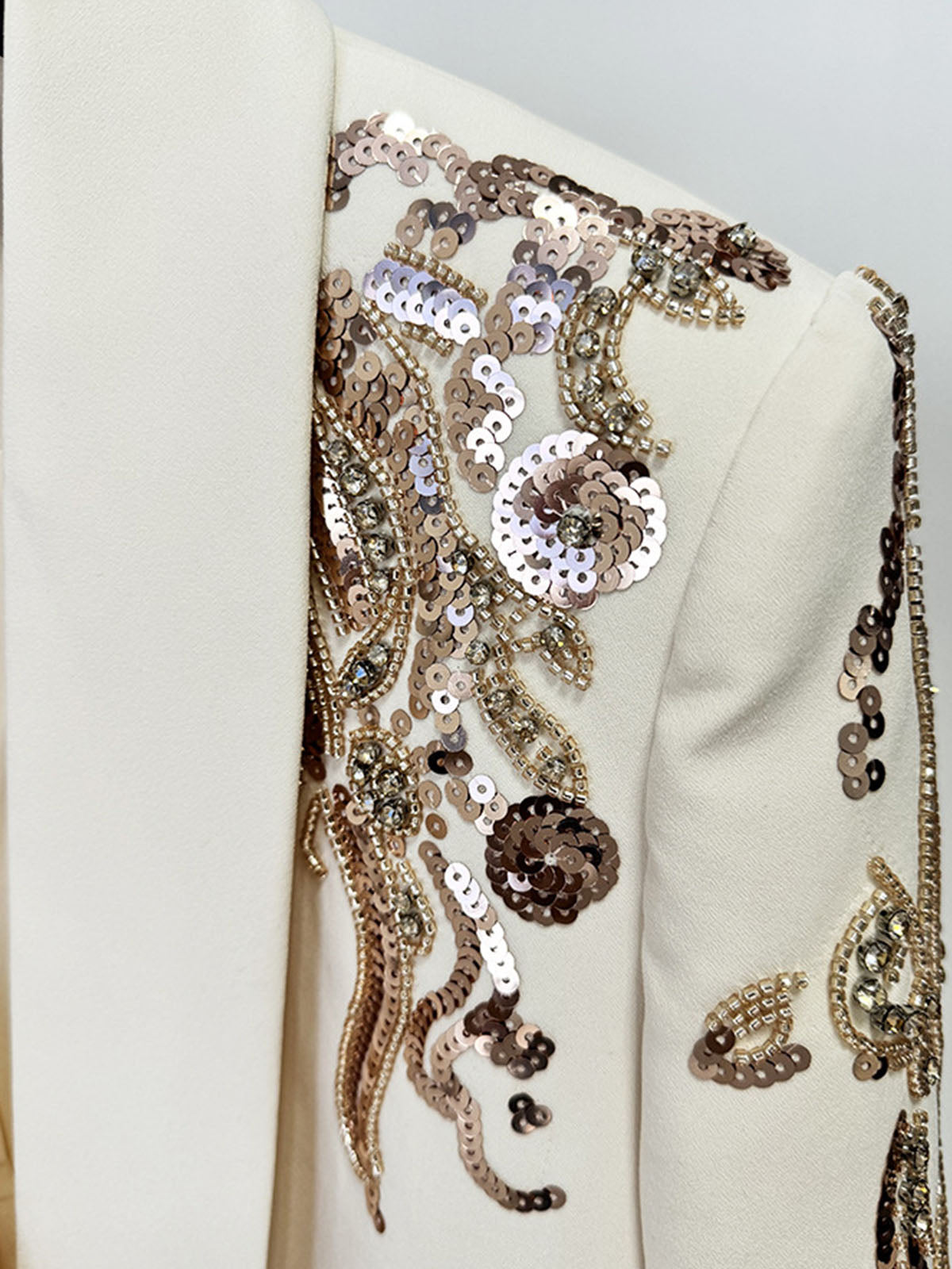 Sparkly Sequin Embellished Shawl Pleated Blazer Mini Dress - Beige