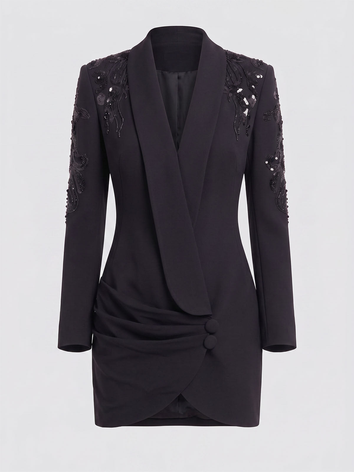Sparkly Sequin Embellished Shawl Pleated Blazer Mini Dress - Black