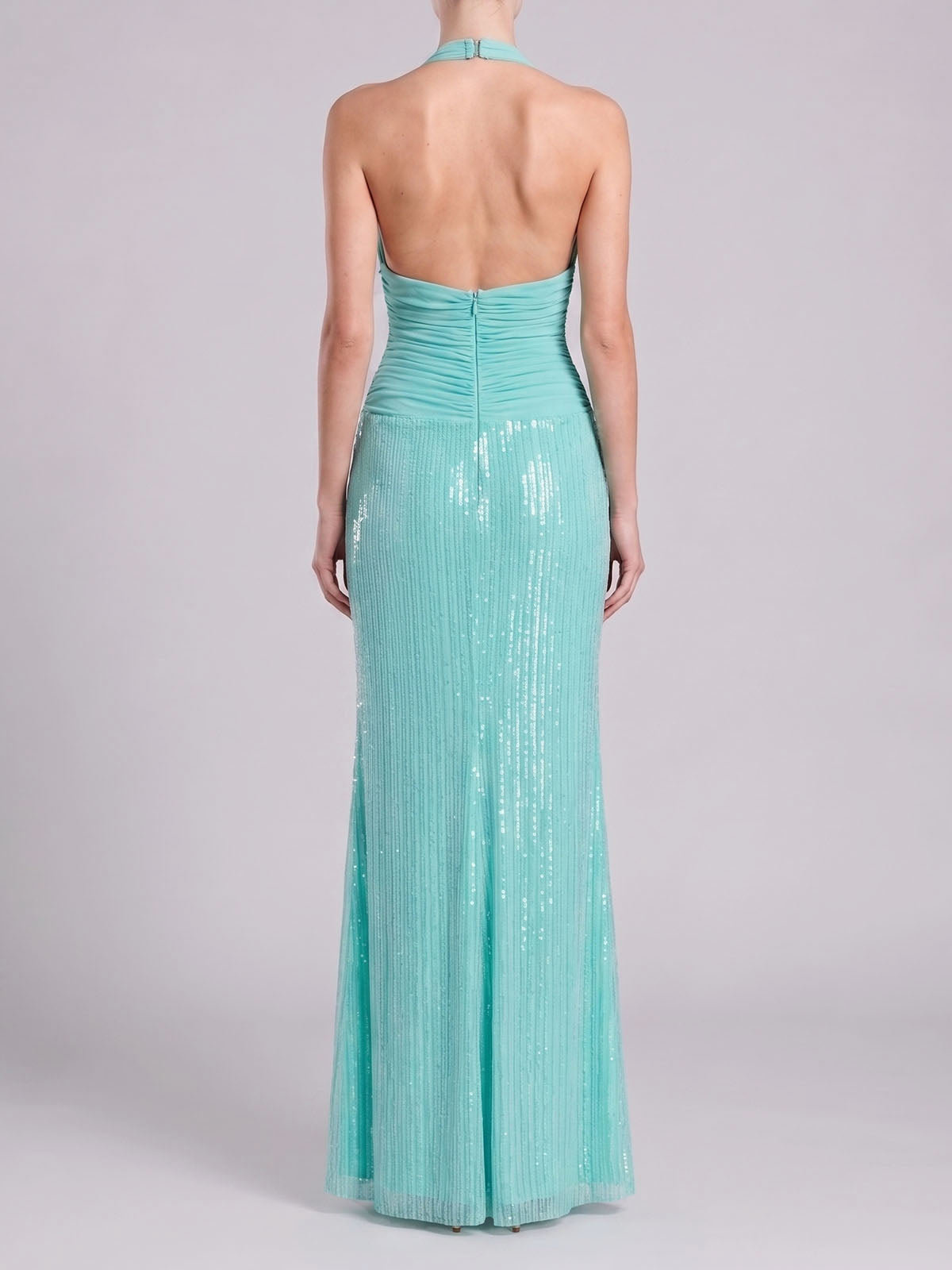 Sparkly Sequin Mesh Ruched Halter Mermaid Formal Maxi Dress - Turquoise