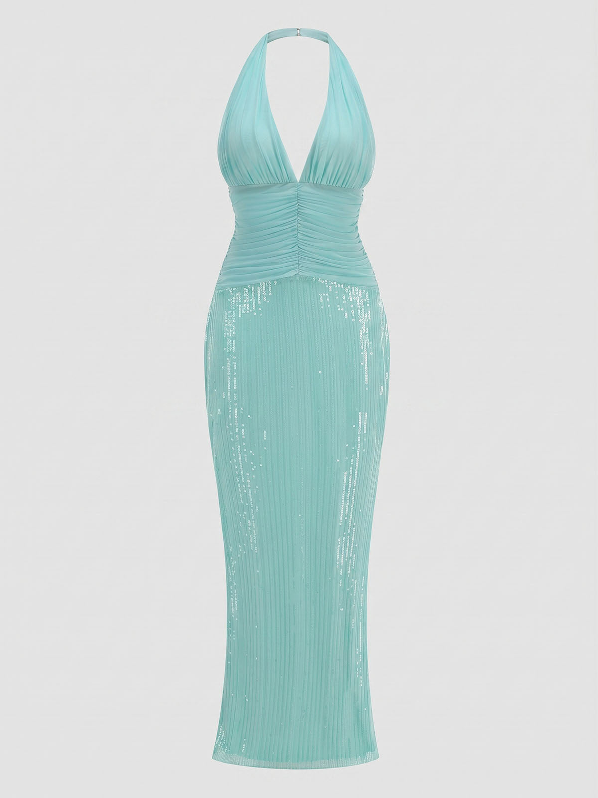 Sparkly Sequin Mesh Ruched Halter Mermaid Formal Maxi Dress - Turquoise