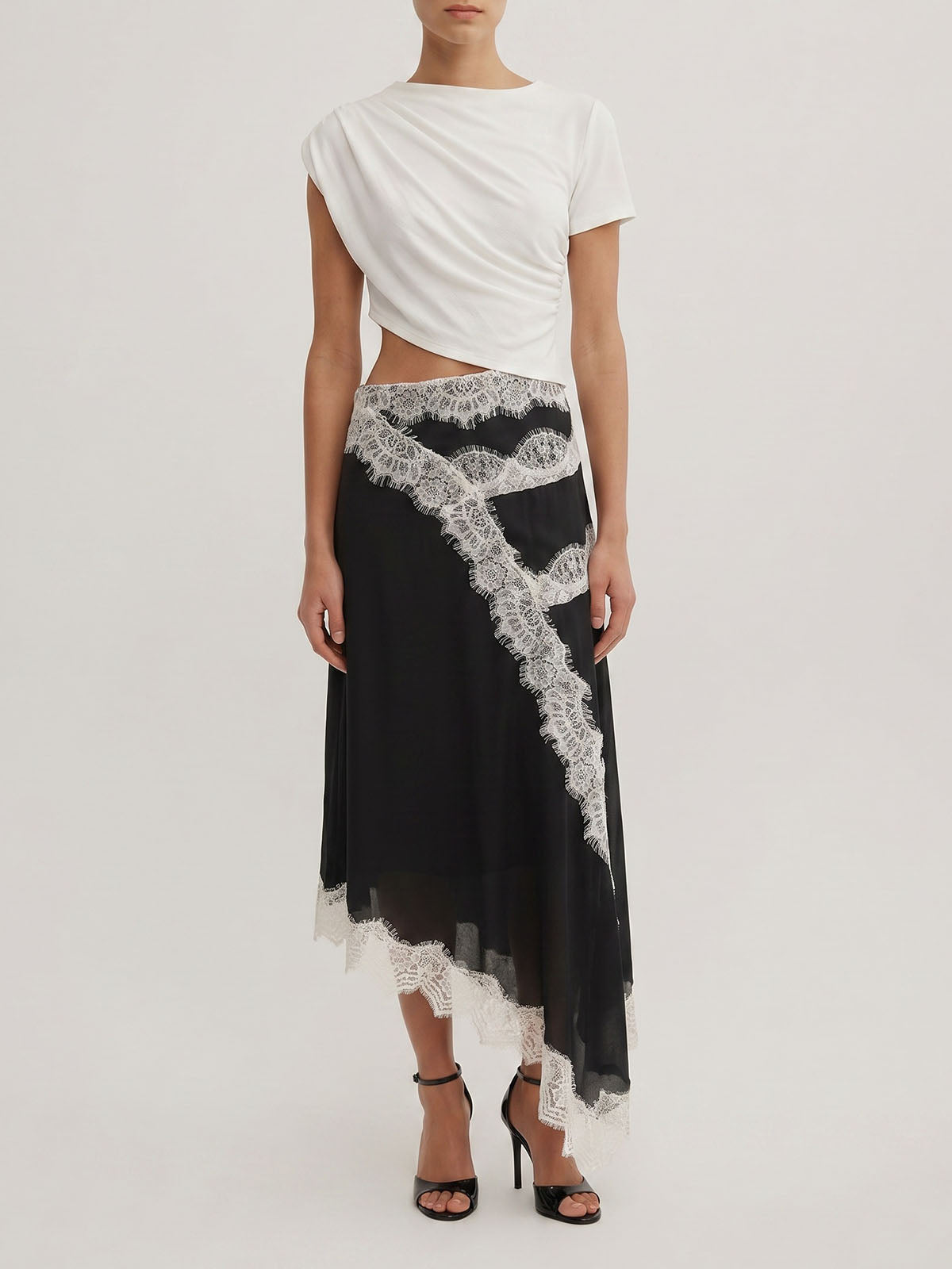 Summer Draped Sleeve Cutout Lace Trim Asymmetrical Dress - Black