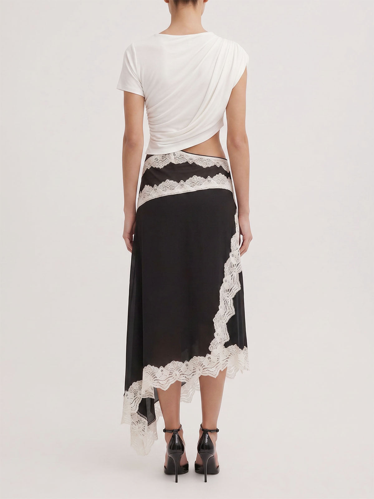Summer Draped Sleeve Cutout Lace Trim Asymmetrical Dress - Black