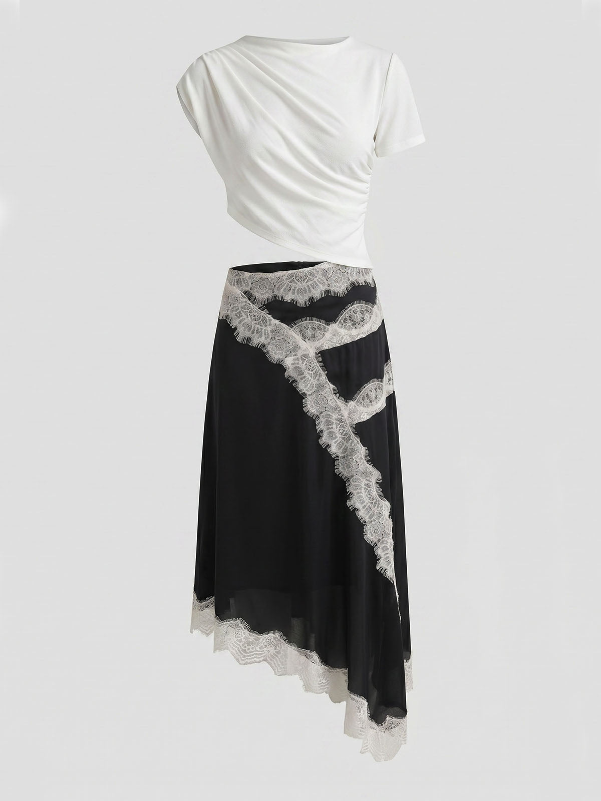 Summer Draped Sleeve Cutout Lace Trim Asymmetrical Dress - Black
