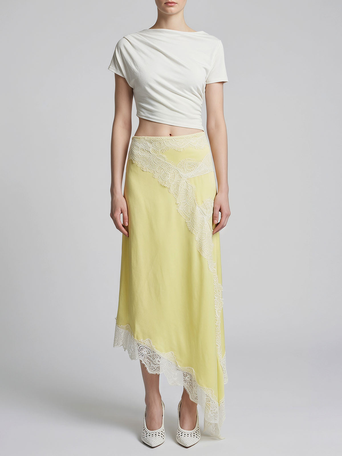 Summer Draped Sleeve Cutout Lace Trim Asymmetrical Dress - Yellow