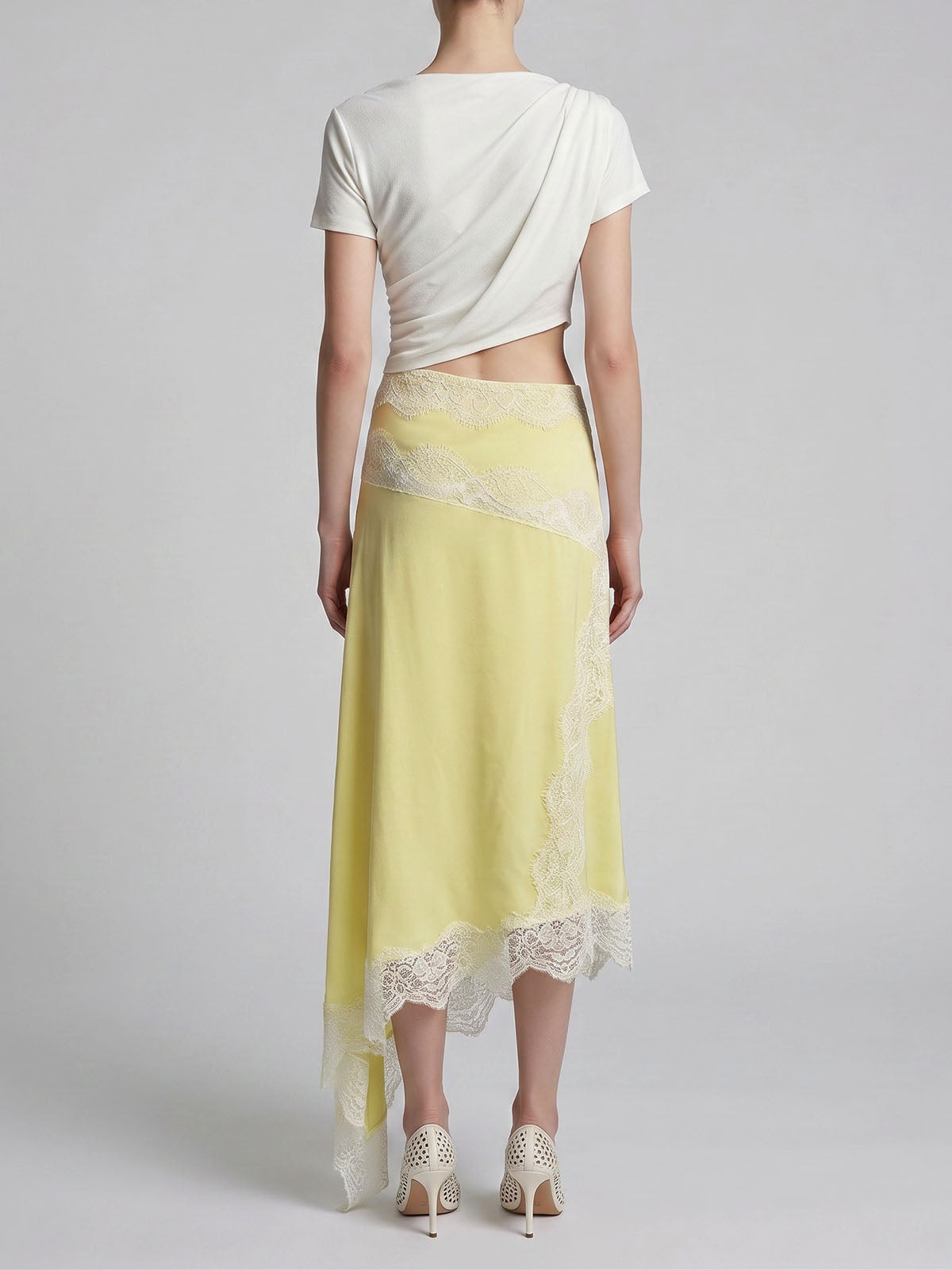 Summer Draped Sleeve Cutout Lace Trim Asymmetrical Dress - Yellow