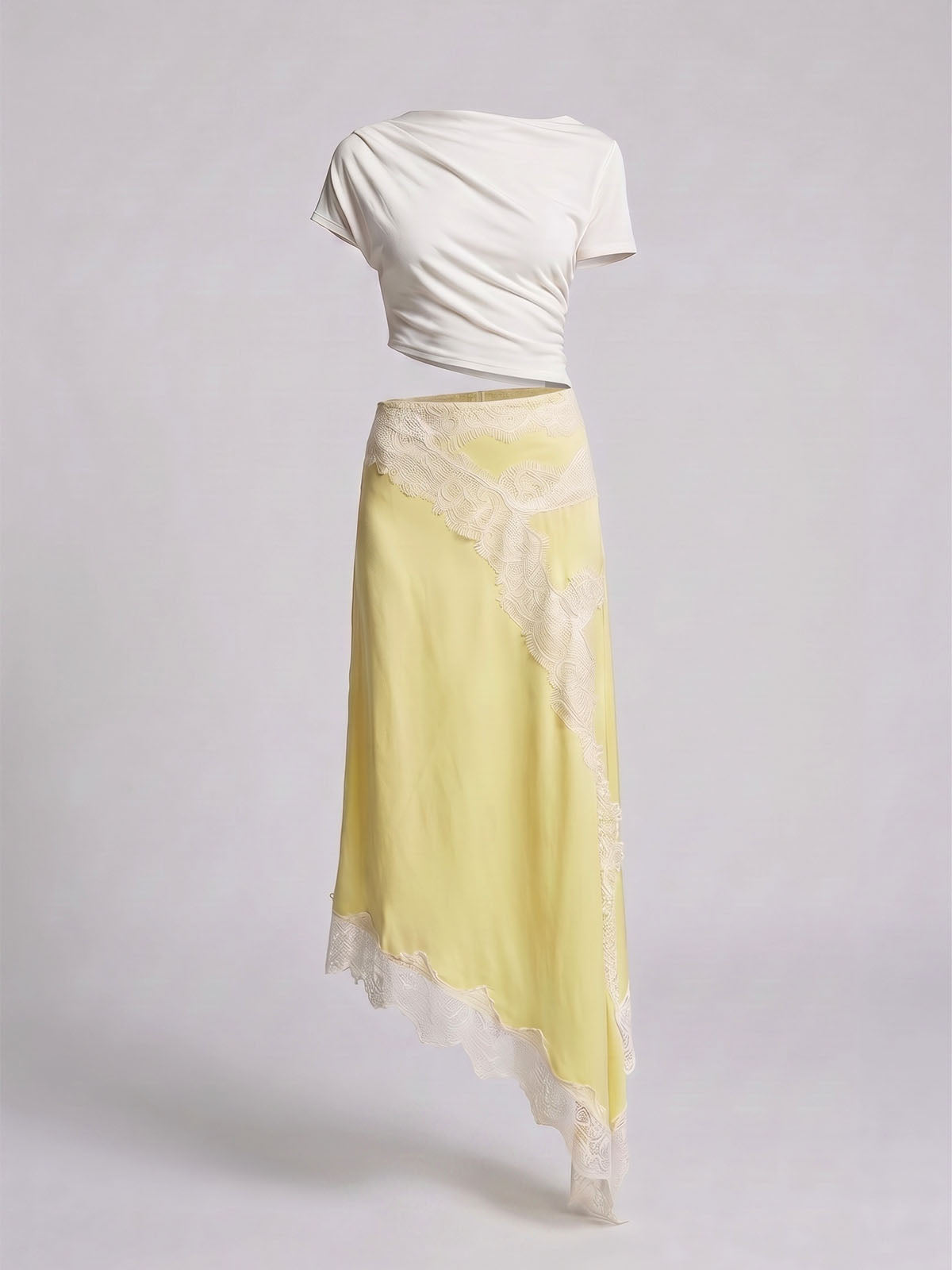 Summer Draped Sleeve Cutout Lace Trim Asymmetrical Dress - Yellow