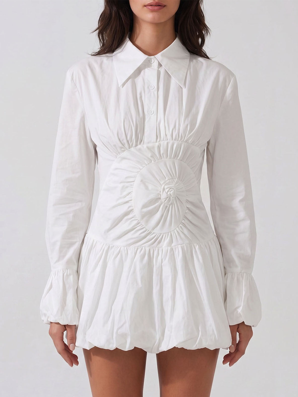 Unique Collared Long Sleeve Ruched Bubble Shirt Mini Dress - White