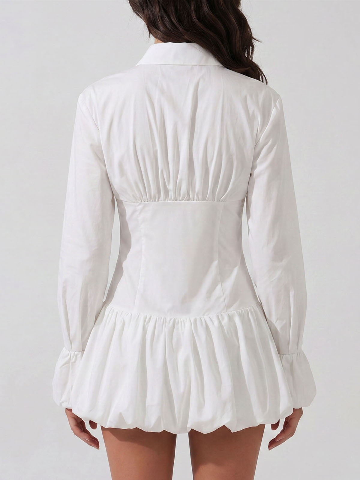 Unique Collared Long Sleeve Ruched Bubble Shirt Mini Dress - White